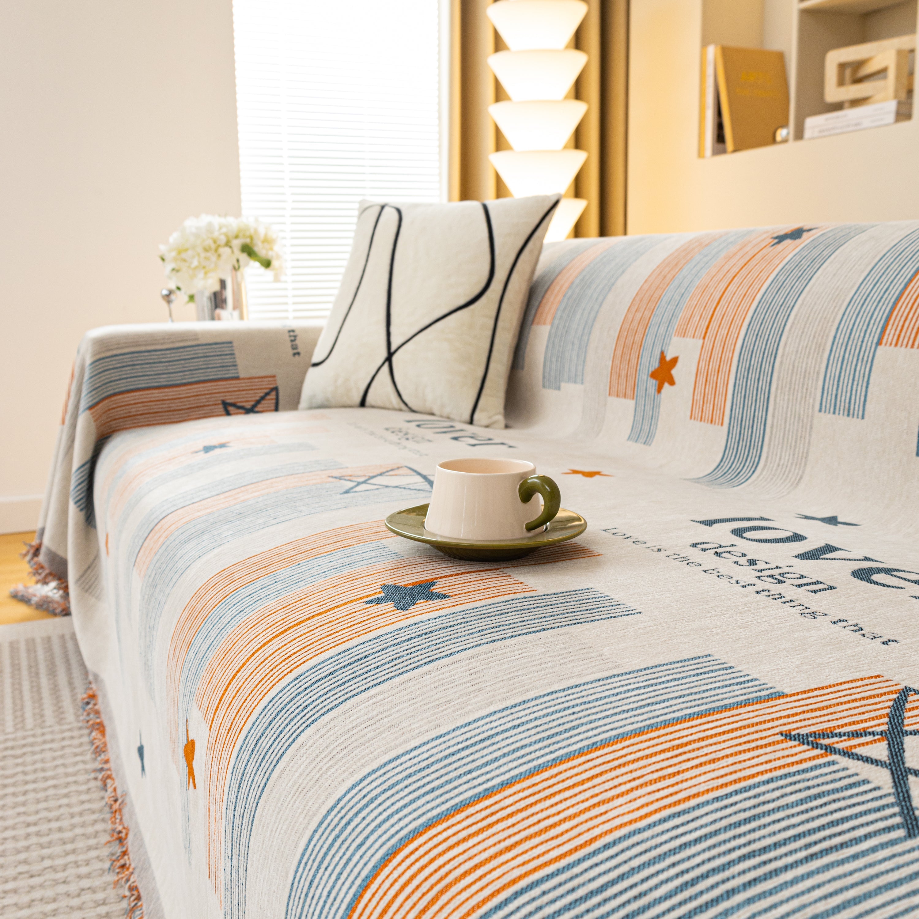 Geometric Chenille Sofa Throw Cover, Breathable Couch Protector with Tassel Fringe