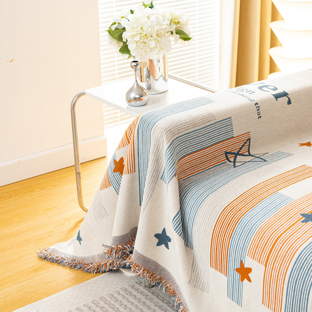 Geometric Chenille Sofa Throw Cover, Breathable Couch Protector with Tassel Fringe