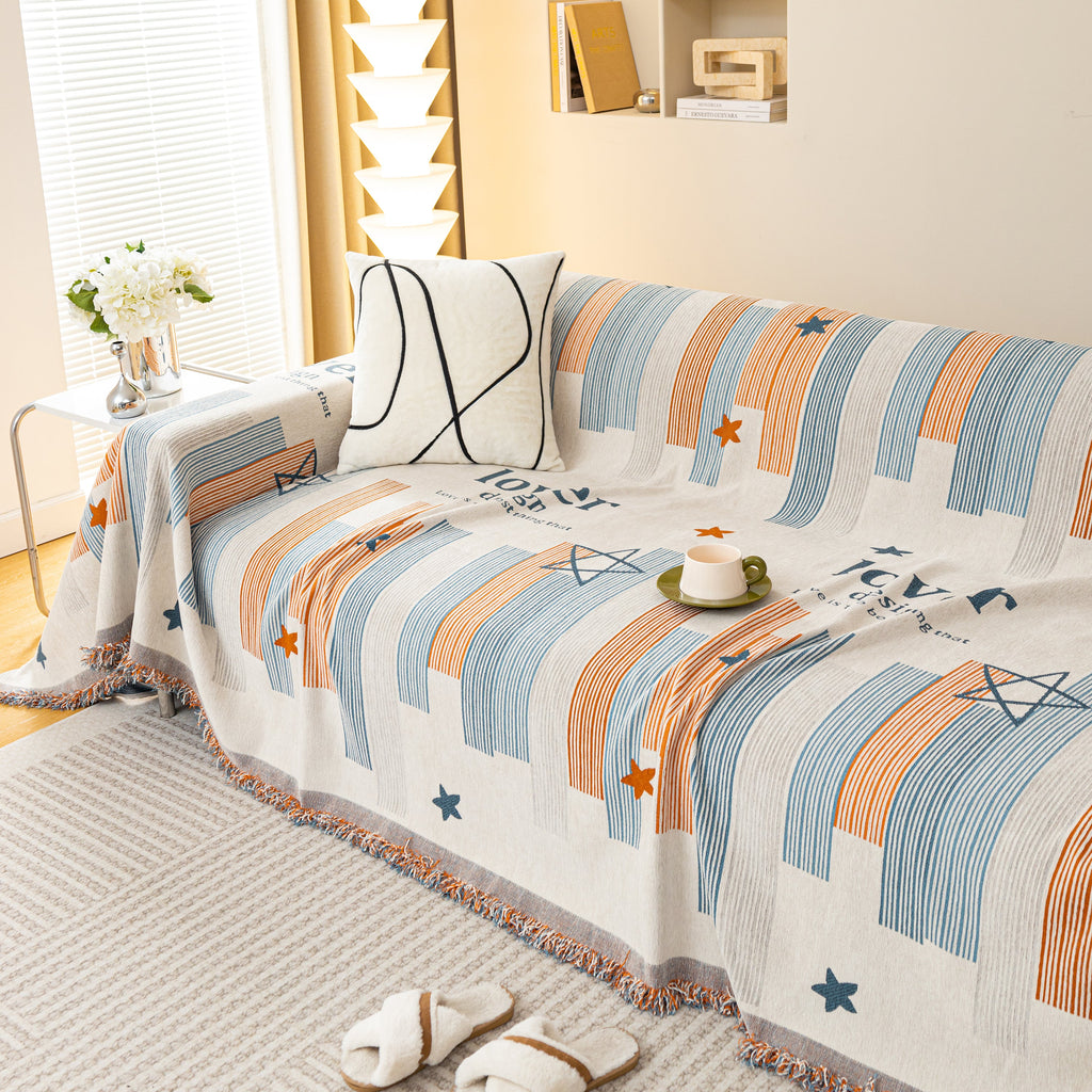 Geometric Chenille Sofa Throw Cover, Breathable Couch Protector with Tassel Fringe