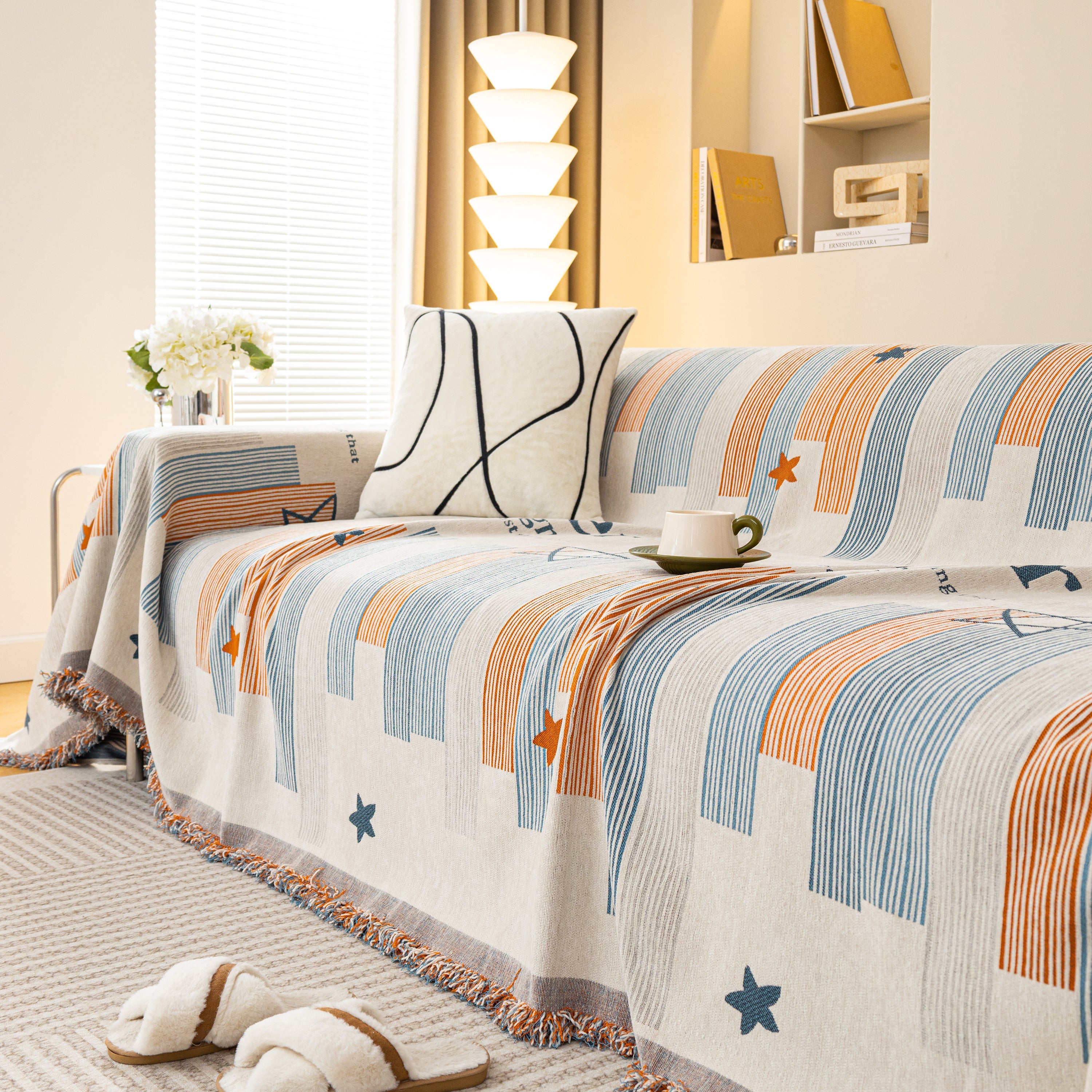 Geometric Chenille Sofa Throw Cover, Breathable Couch Protector with Tassel Fringe