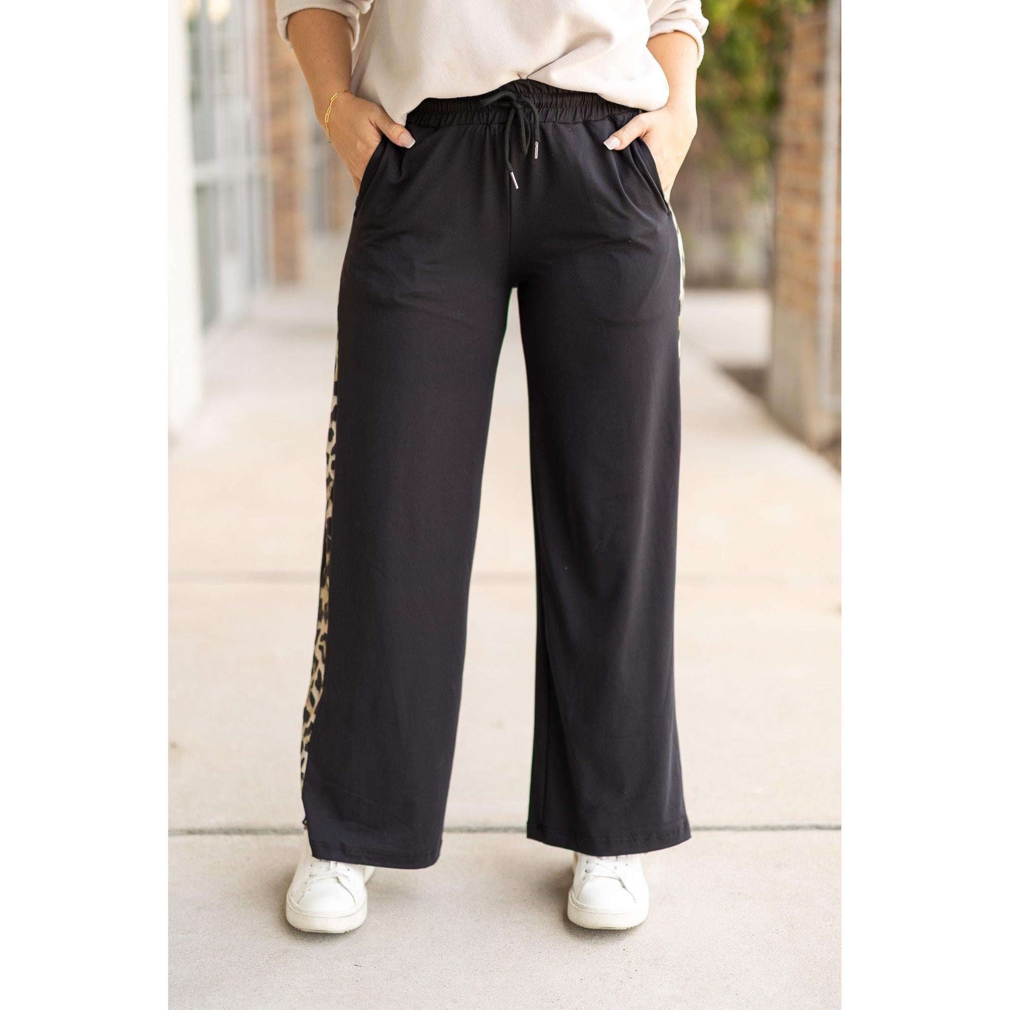Ready to Ship | The Chelsea - Black Wide Leg with Leopard Panel Loungers