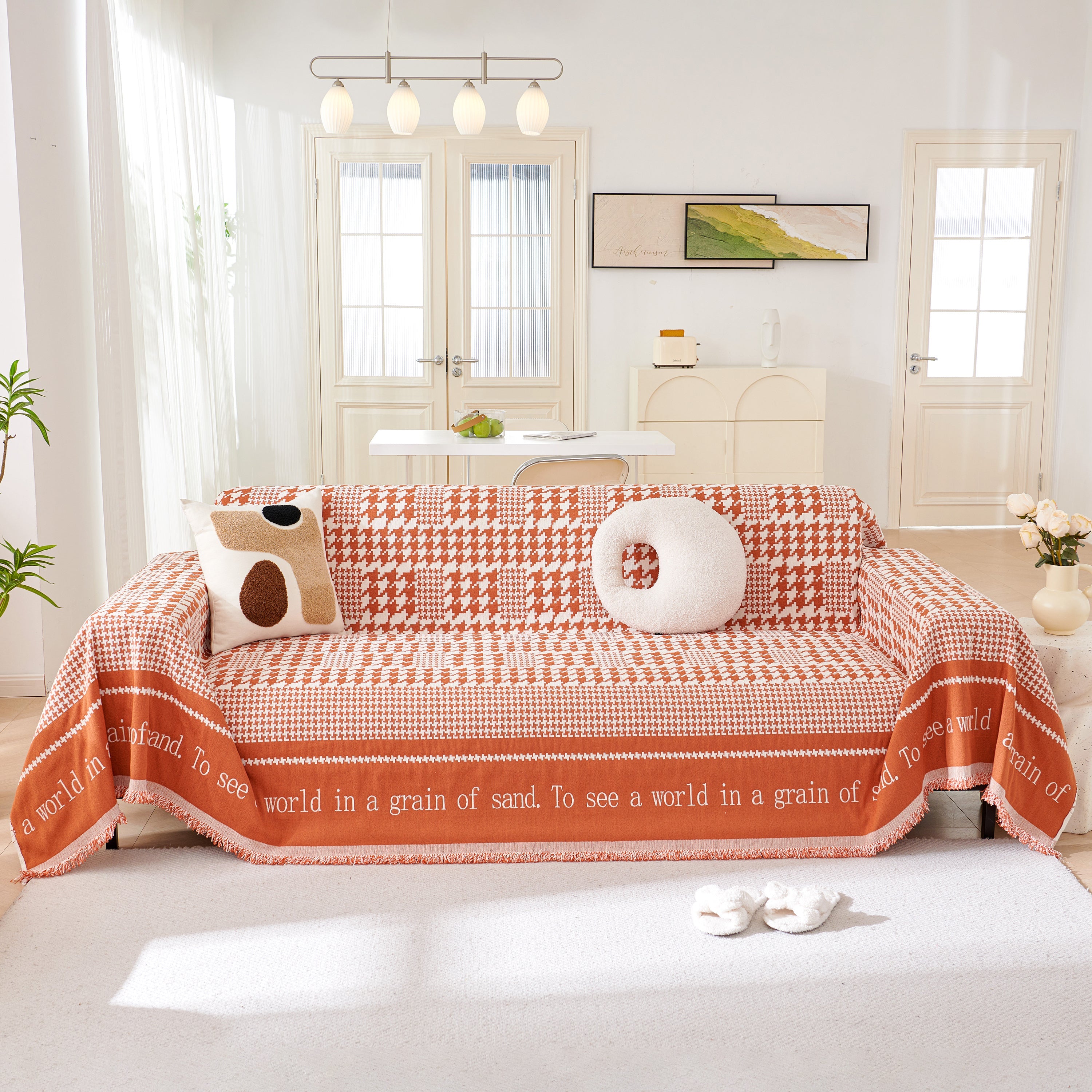 Chenille Houndstooth Couch Cover, Chaise Lounge Blanket Cover, Sectional Couch Scratch Protector