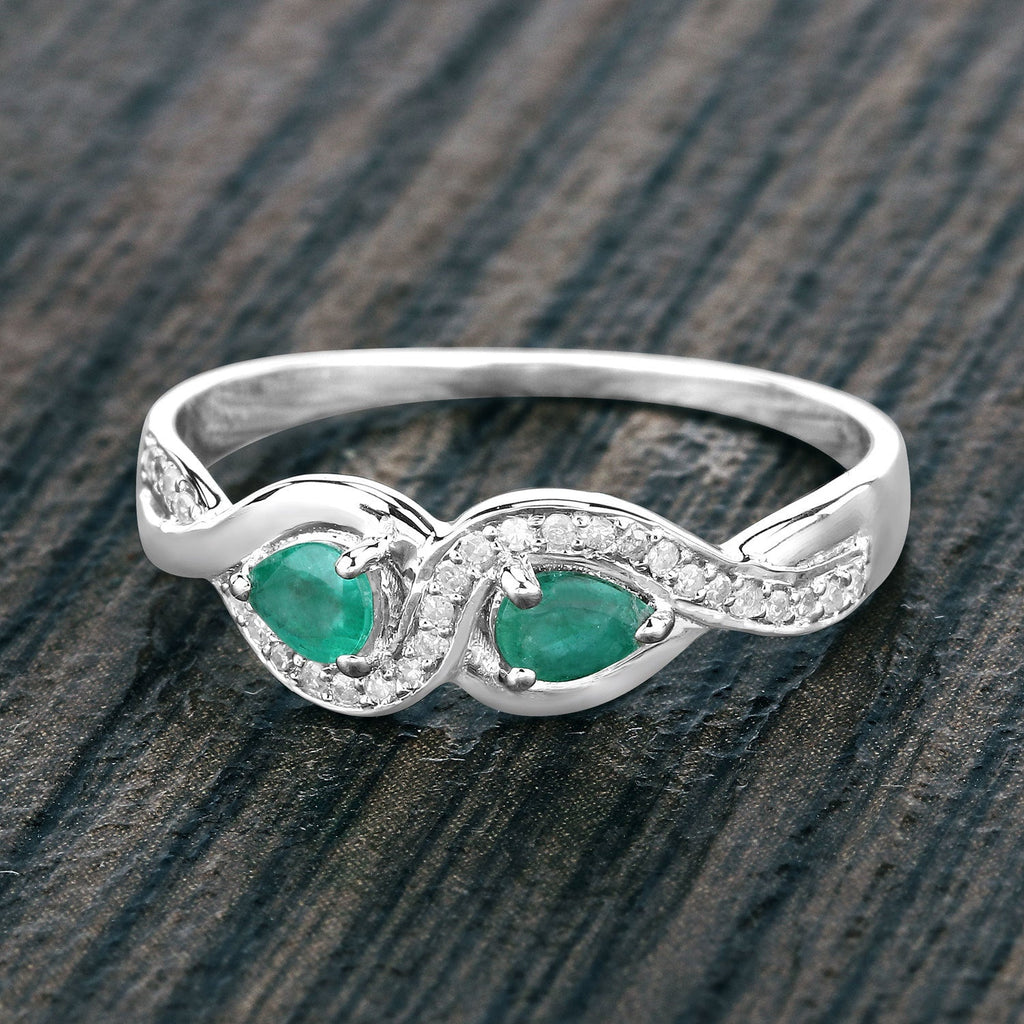 0.35 Carat Genuine Zambian Emerald and White Diamond 14K White Gold Ring