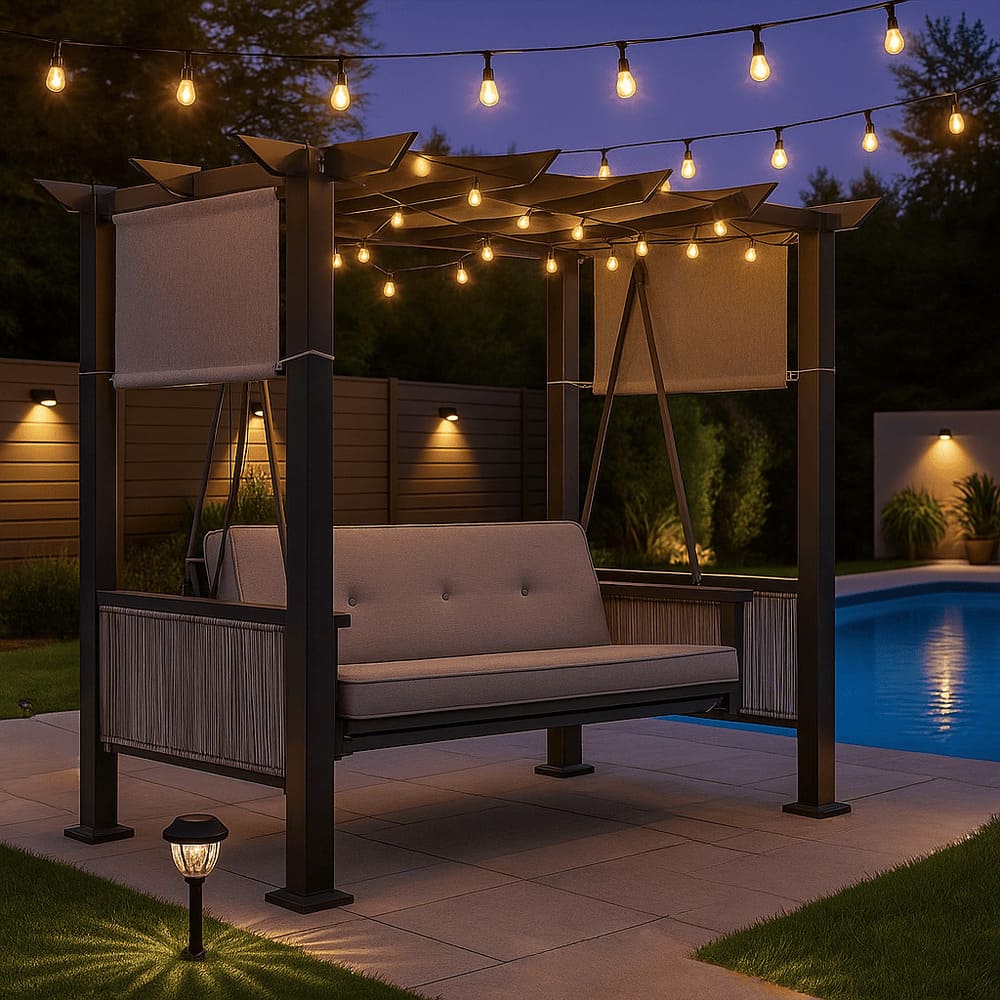 Pamapic 3-Seat Outdoor Metal Pergola Porch Swing Bed with Stand & Cushion, Gray