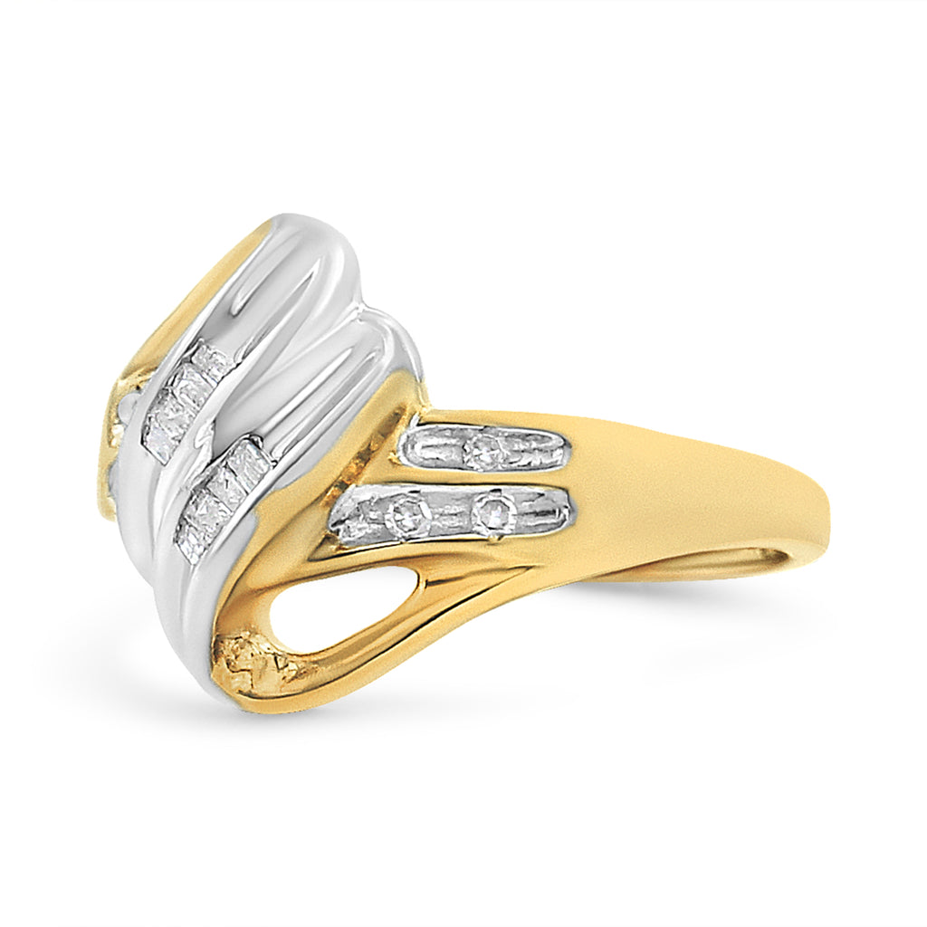 10K Yellow and White Gold 1/10 Cttw Baguette and Round-Cut Diamond Bypass Ring (I2 Color, H-I Clarity) - Size 7