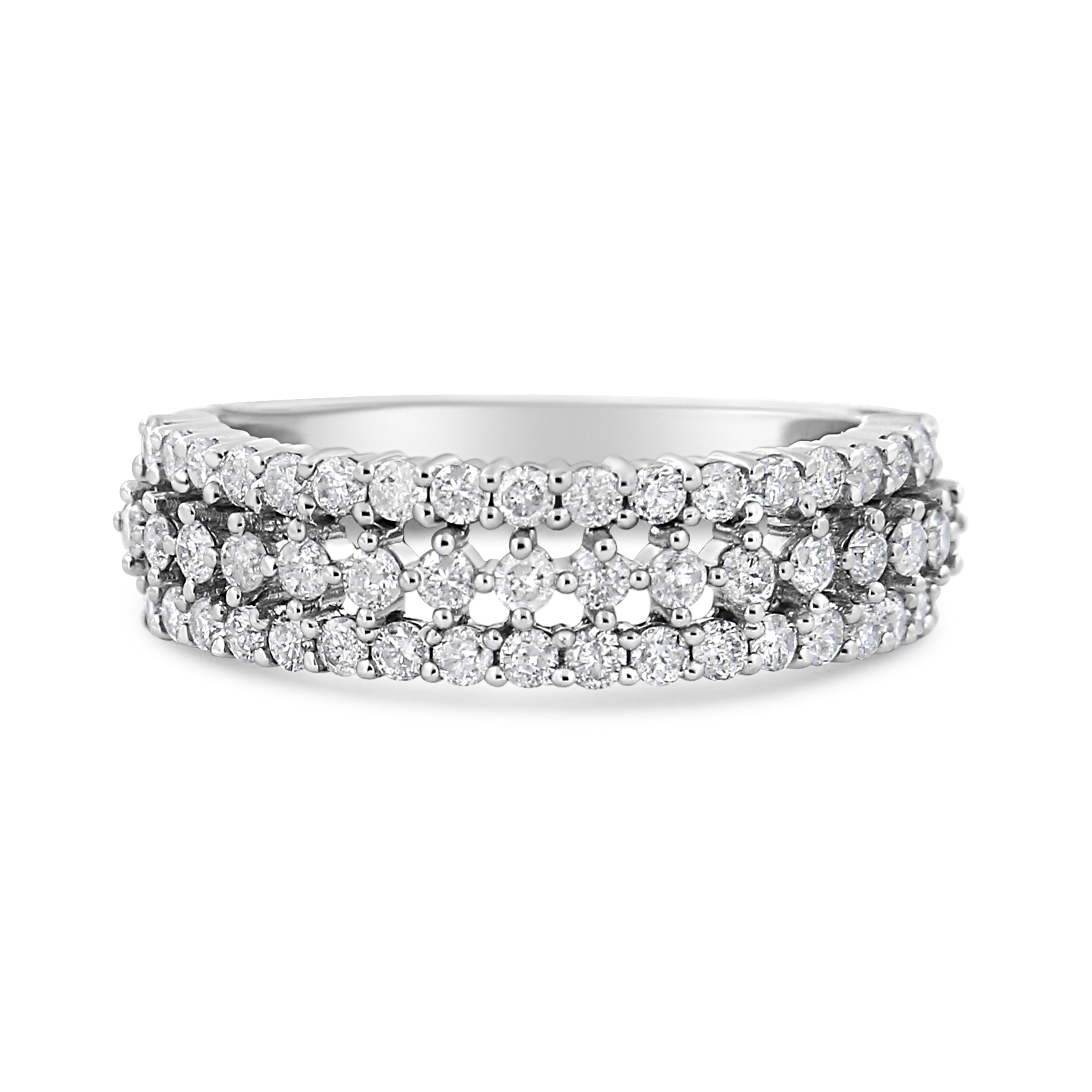 14K White Gold 1.0 Cttw Prong Set Round Diamond Split Shank Three Row Band Ring (H-I Color, I2-I3 Clarity) - Size 6