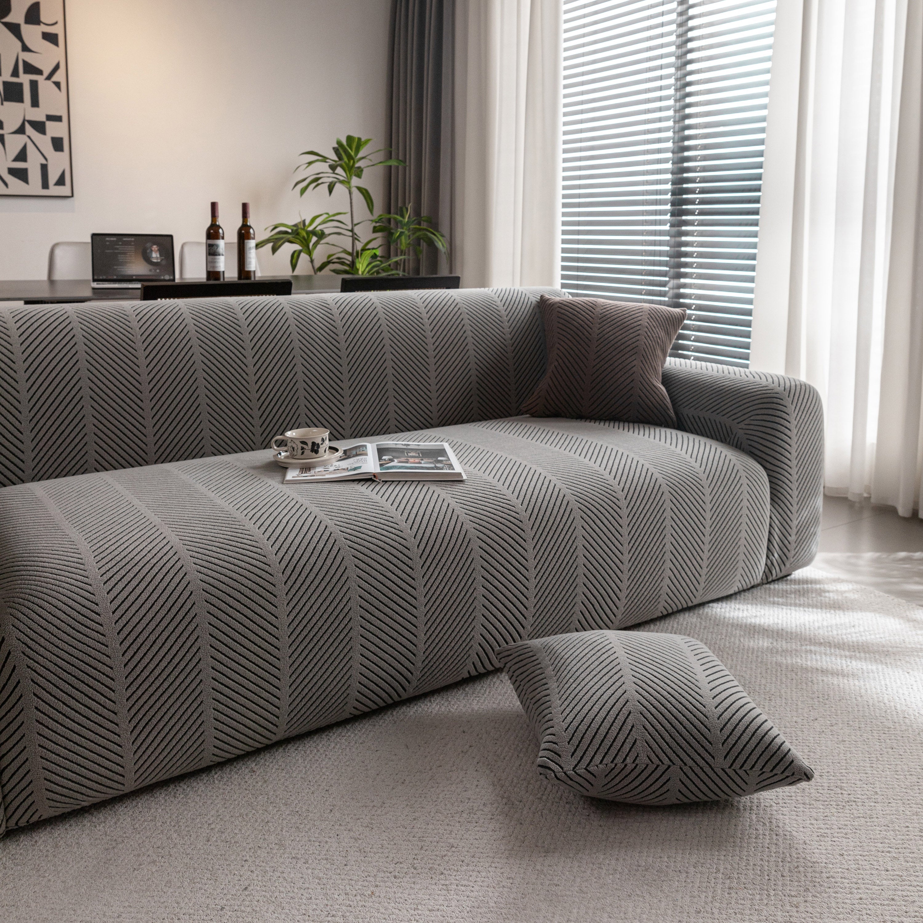 High Stretch Chevron Sofa Cover, Soft Washable Textured Jacquard Slipcover for Couch