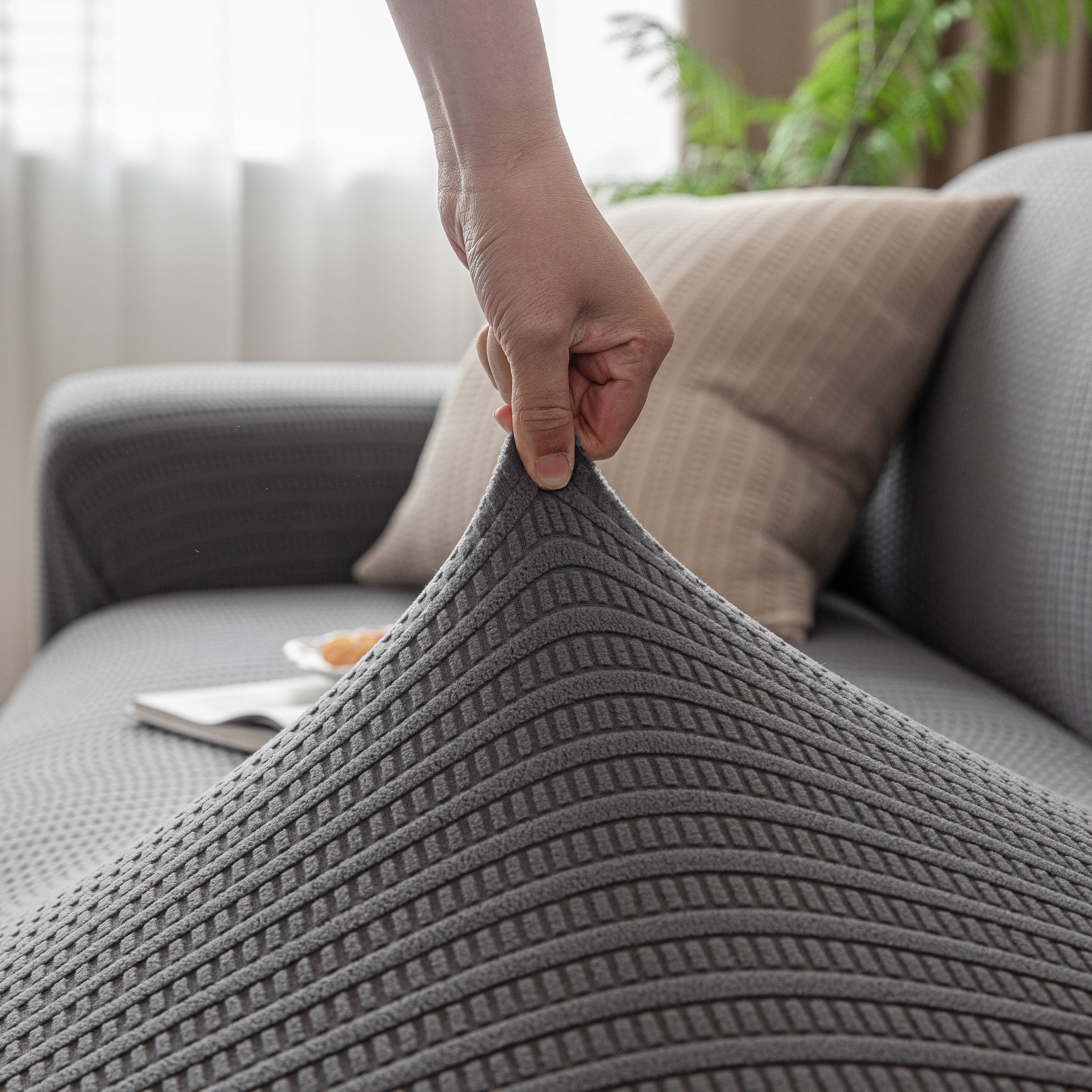 3D Grid Jacquard Sofa Cover, High Stretch Plush Waffle Couch Slipcover with Tie Straps