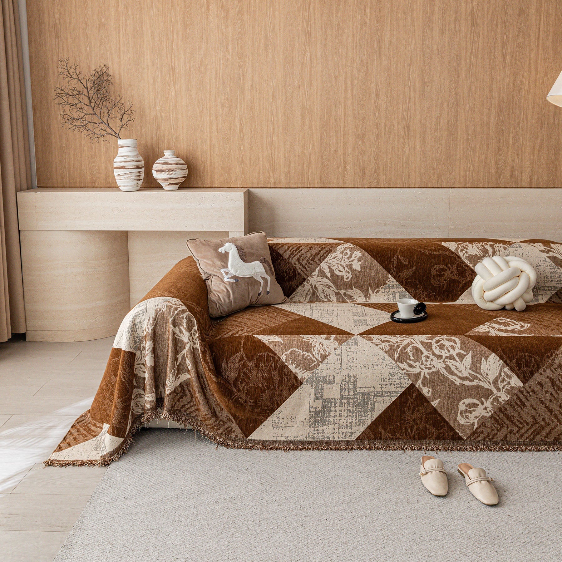 Boho Floral Couch Cover Blanket, Decorative Rustic Vintage Botanical Sofa Throw Cover