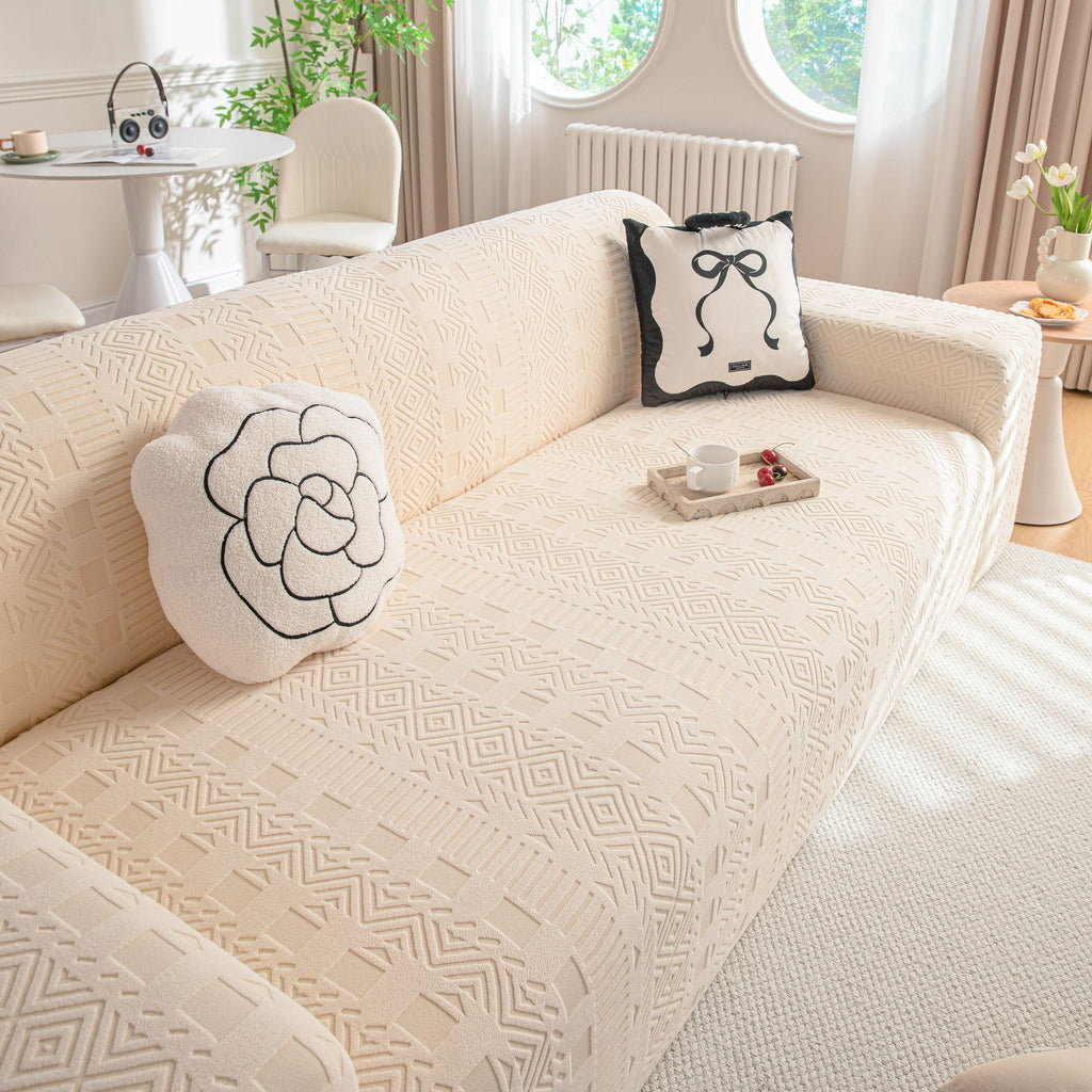 High Stretch Embossed Geometric Slipcover for Couch, Cozy Plush Fleece Couch Cover