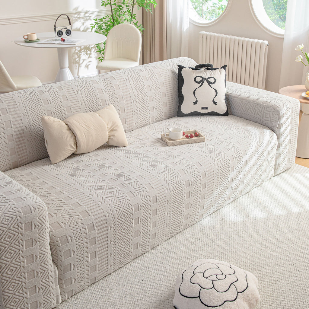 High Stretch Embossed Geometric Slipcover for Couch, Cozy Plush Fleece Couch Cover