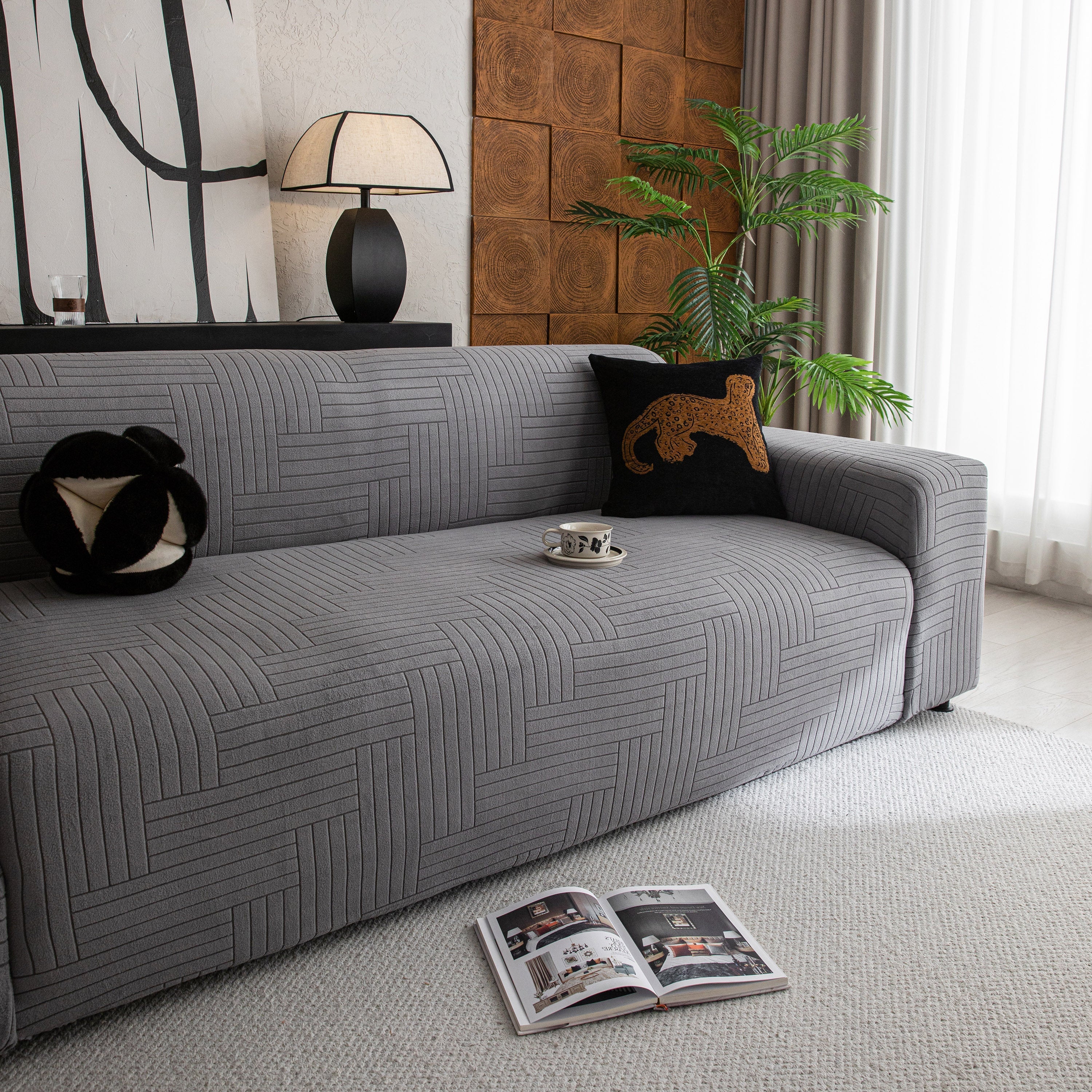 Modern Geometric Jacquard Spandex Slipcover, High Stretch Form Fitting Couch Cover