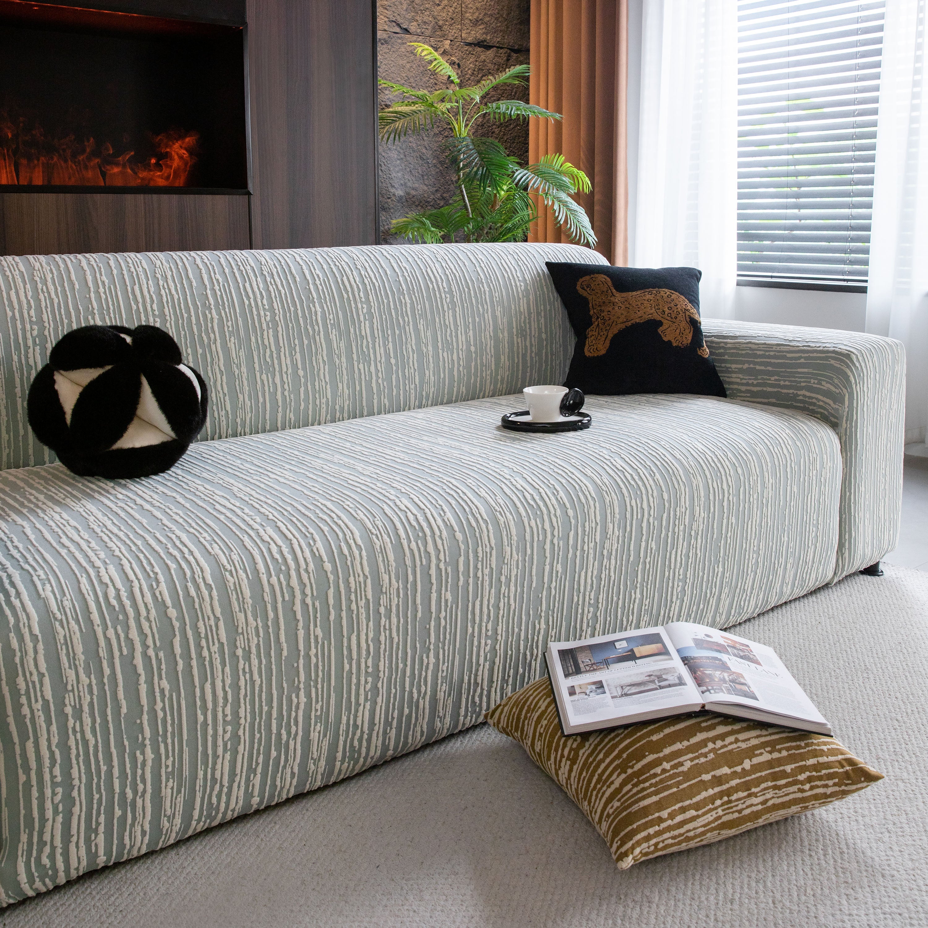 High Stretch Couch Slipcover with Abstract Stripe, Washable Non-Slip Cover for Dogs