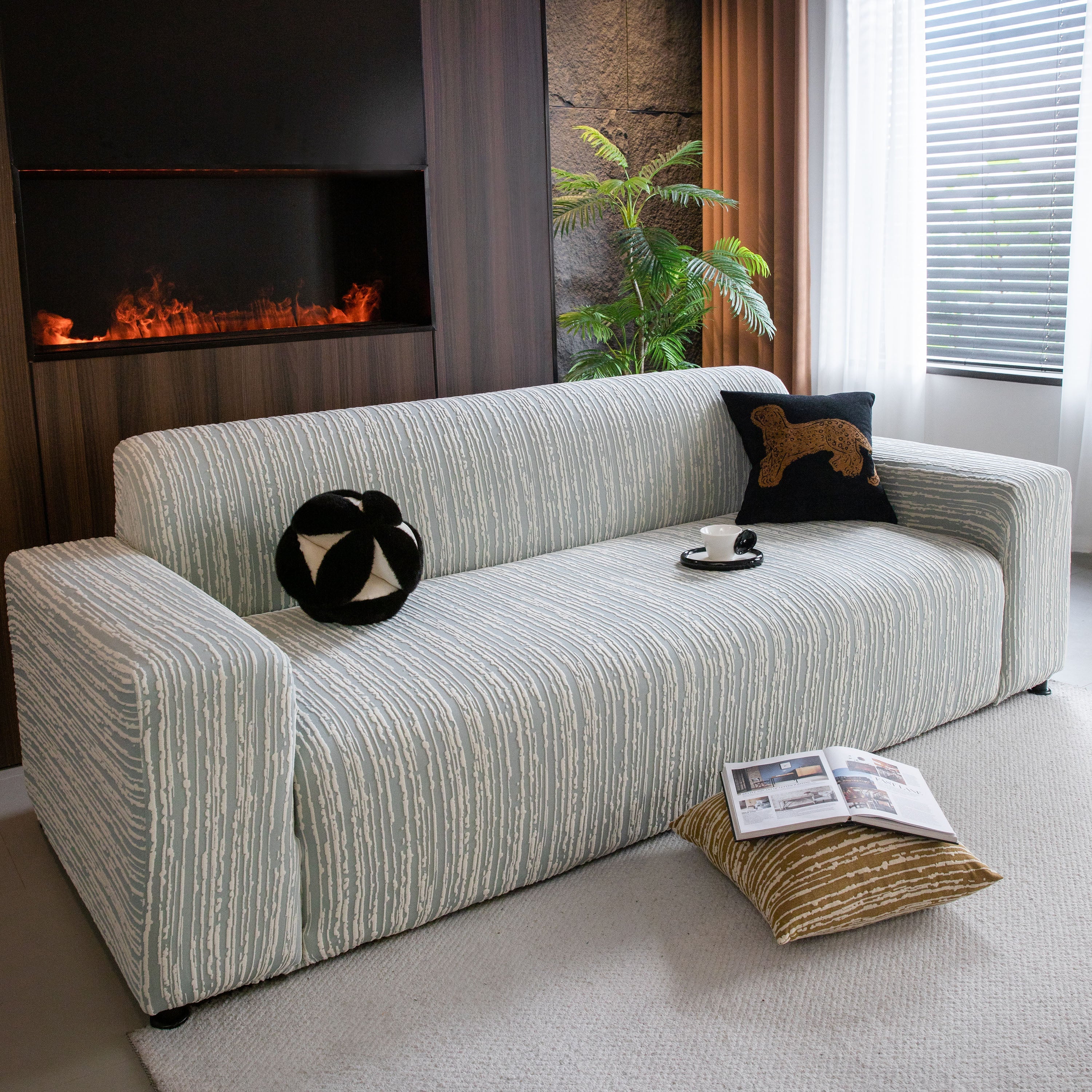 High Stretch Couch Slipcover with Abstract Stripe, Washable Non-Slip Cover for Dogs