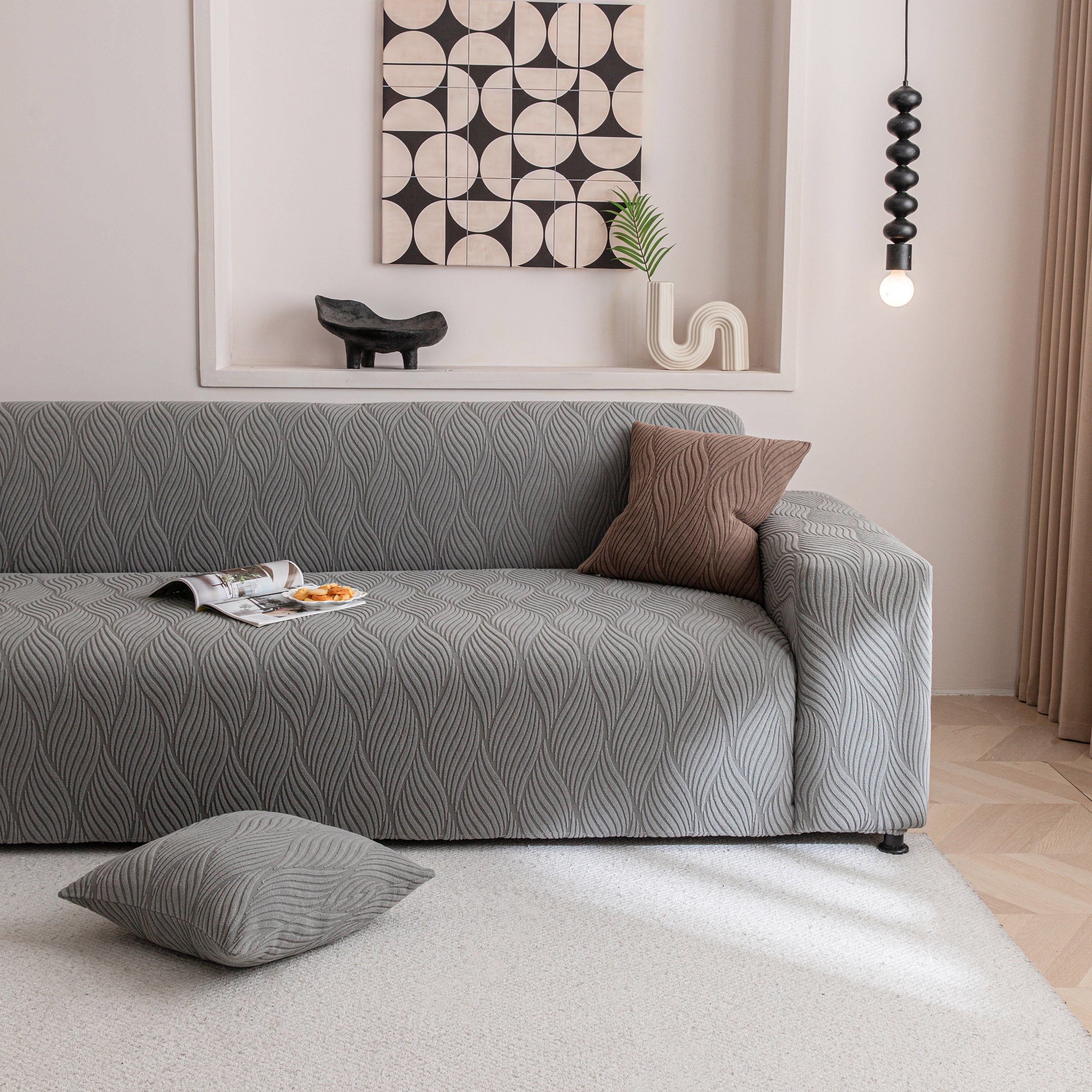 Modern Wavy Jacquard Sofa Slipcover, High Stretch Sofa Cover with 3D Organic Texture