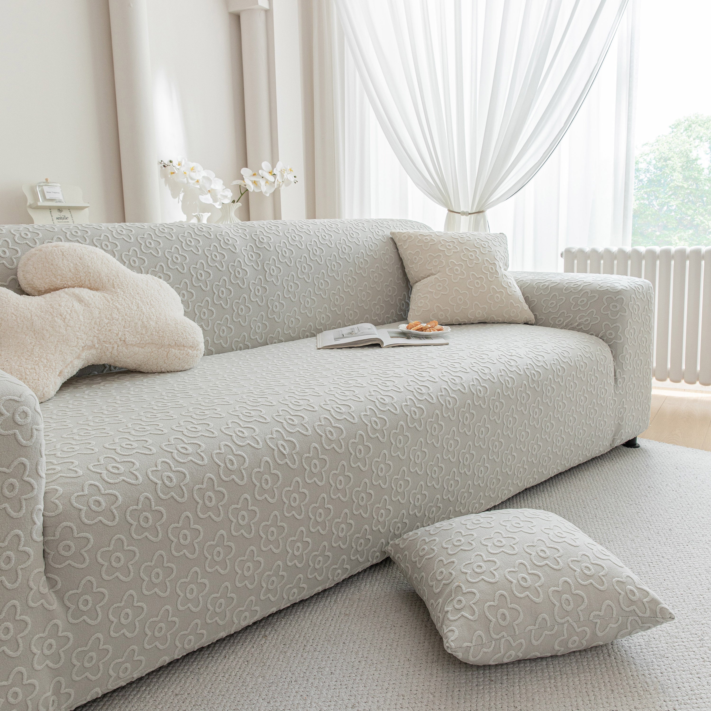 High Stretch Jacquard Sofa Slipcover, Soft Spandex Textured Floral Couch Cover