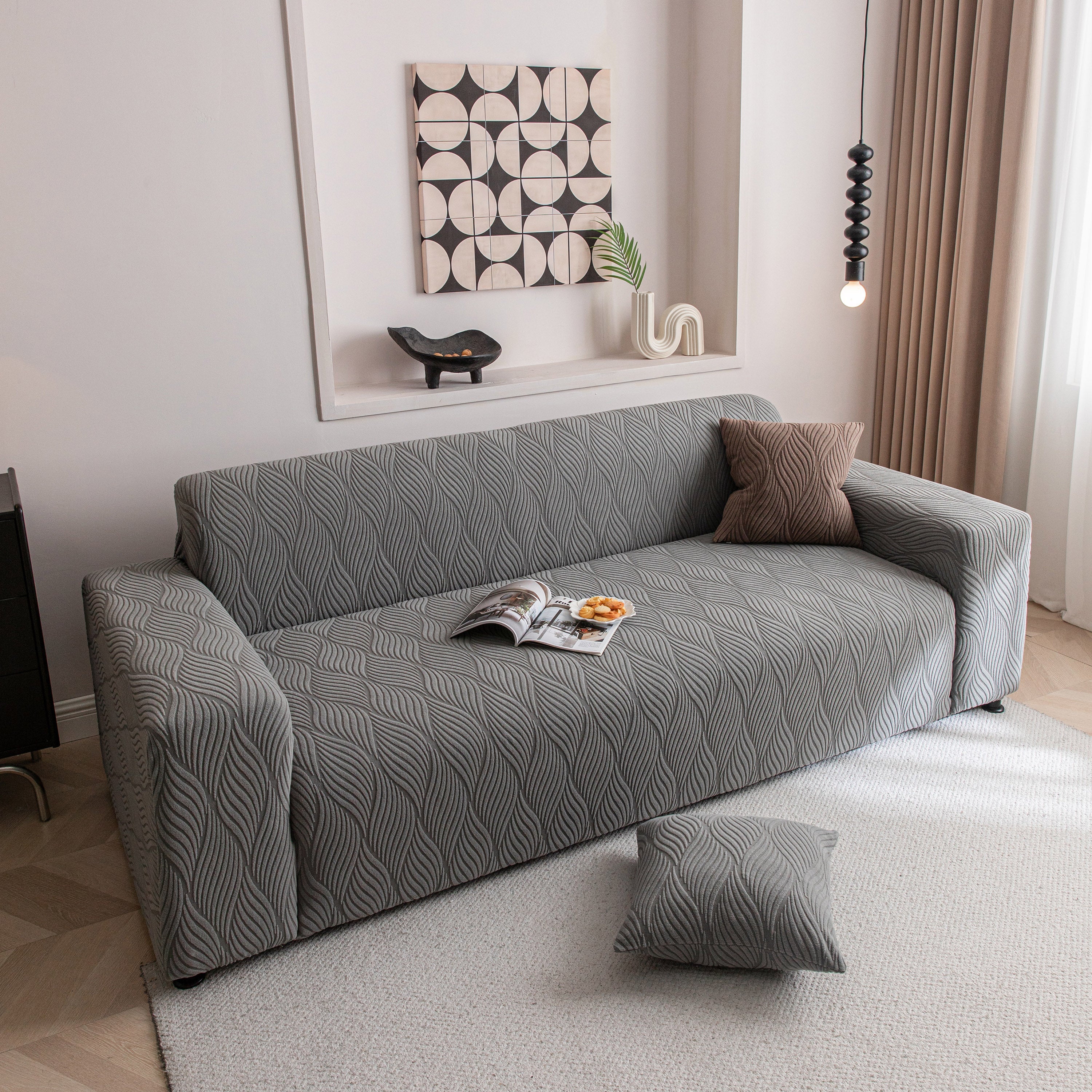 Modern Wavy Jacquard Sofa Slipcover, High Stretch Sofa Cover with 3D Organic Texture