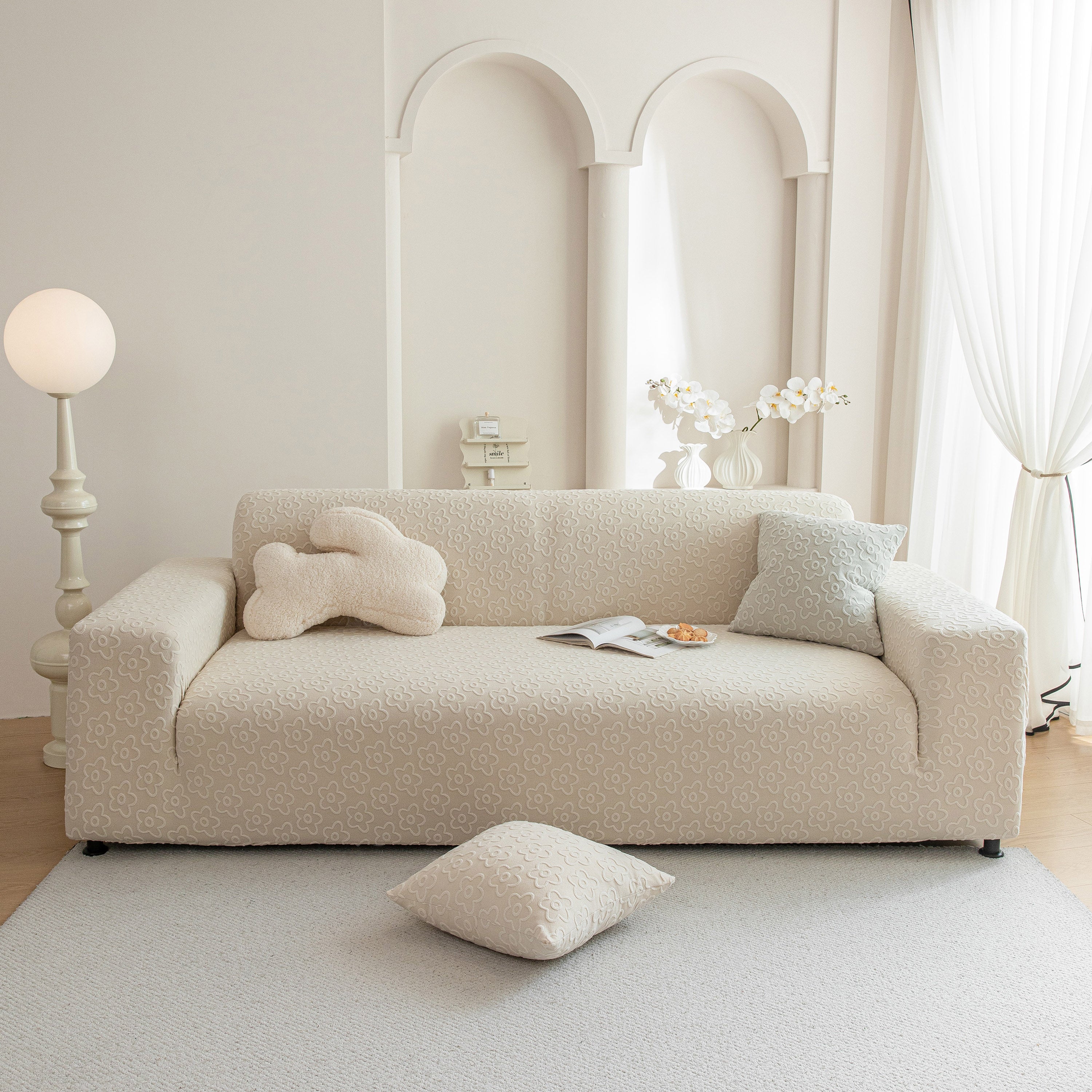 High Stretch Jacquard Sofa Slipcover, Soft Spandex Textured Floral Couch Cover