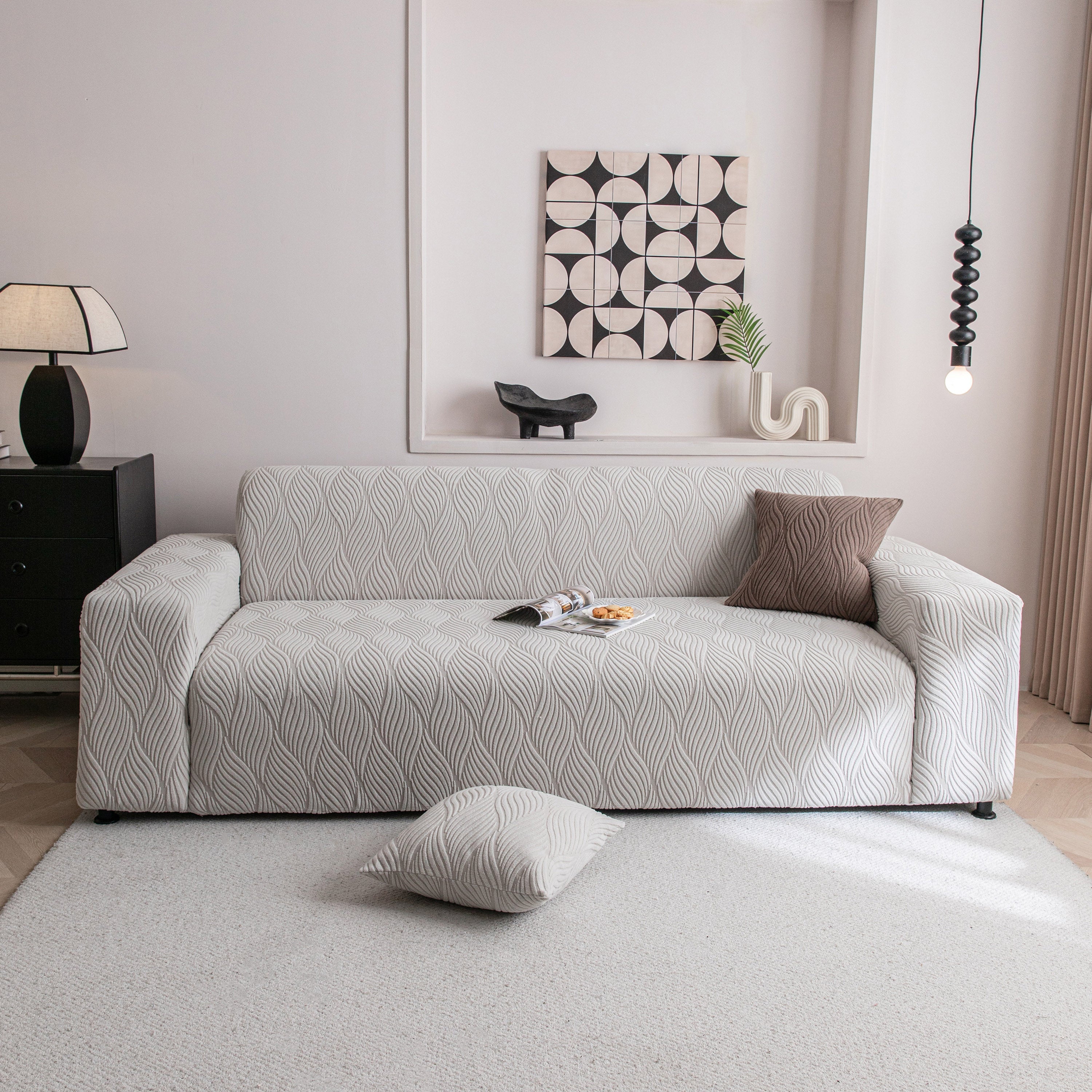 Modern Wavy Jacquard Sofa Slipcover, High Stretch Sofa Cover with 3D Organic Texture