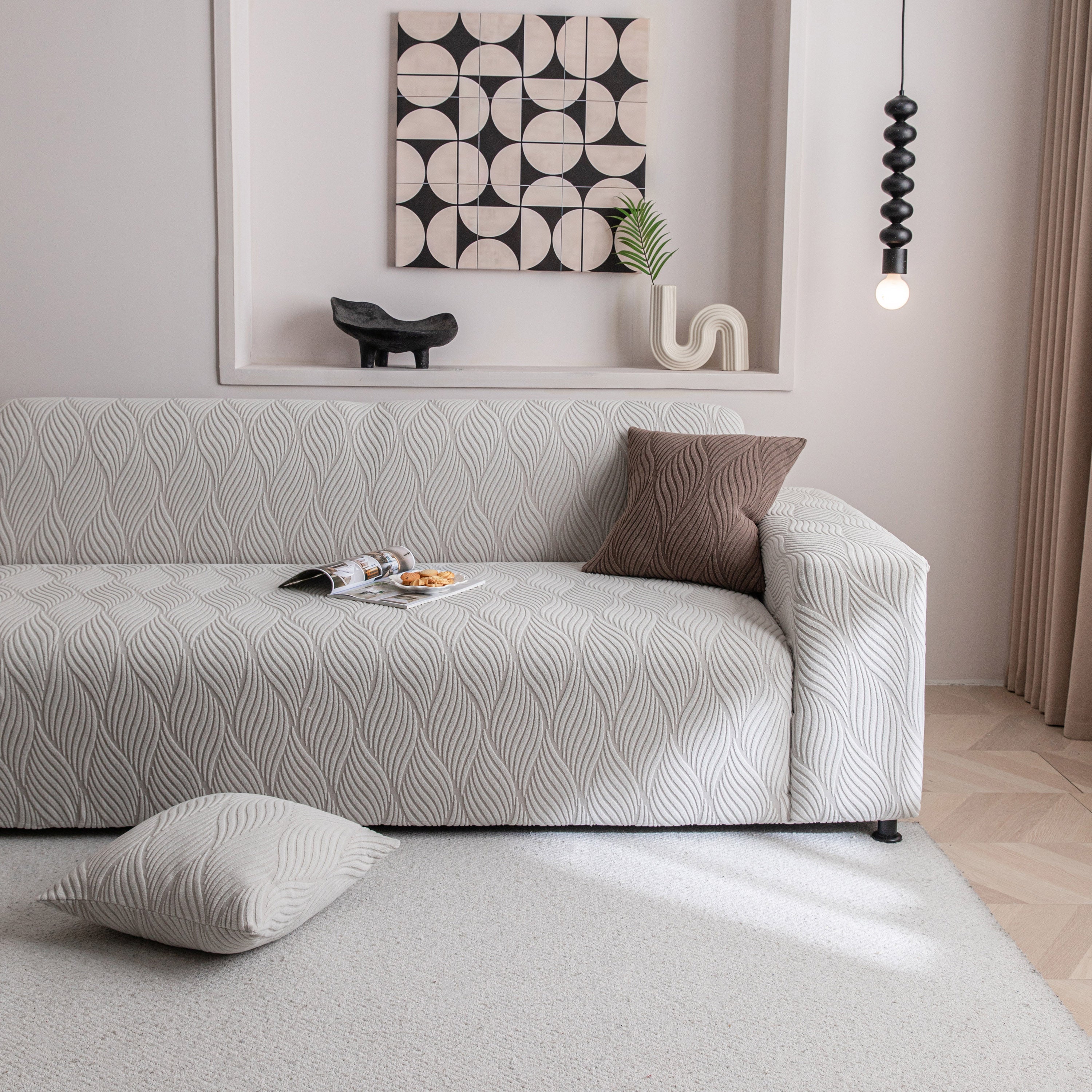 Modern Wavy Jacquard Sofa Slipcover, High Stretch Sofa Cover with 3D Organic Texture