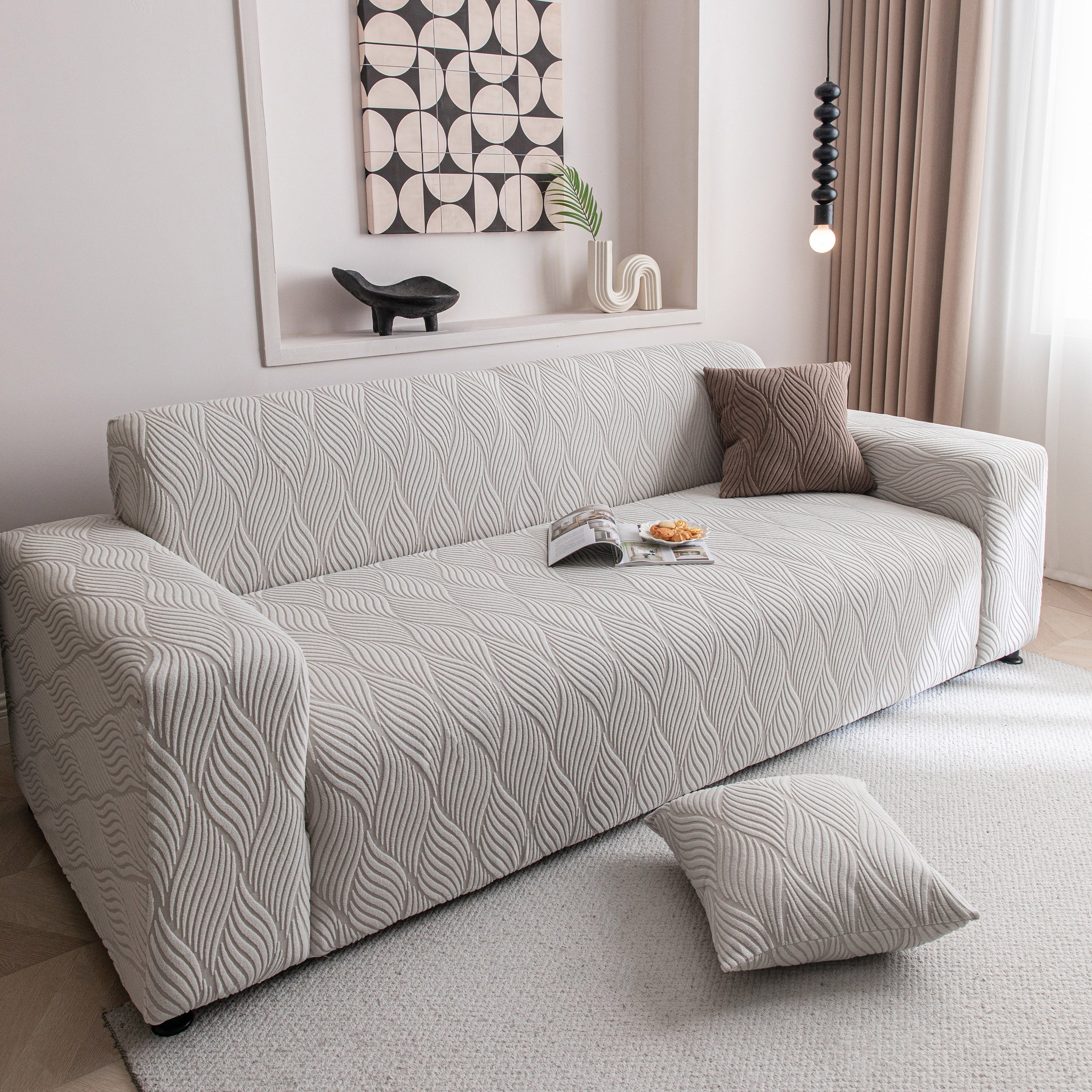 Modern Wavy Jacquard Sofa Slipcover, High Stretch Sofa Cover with 3D Organic Texture
