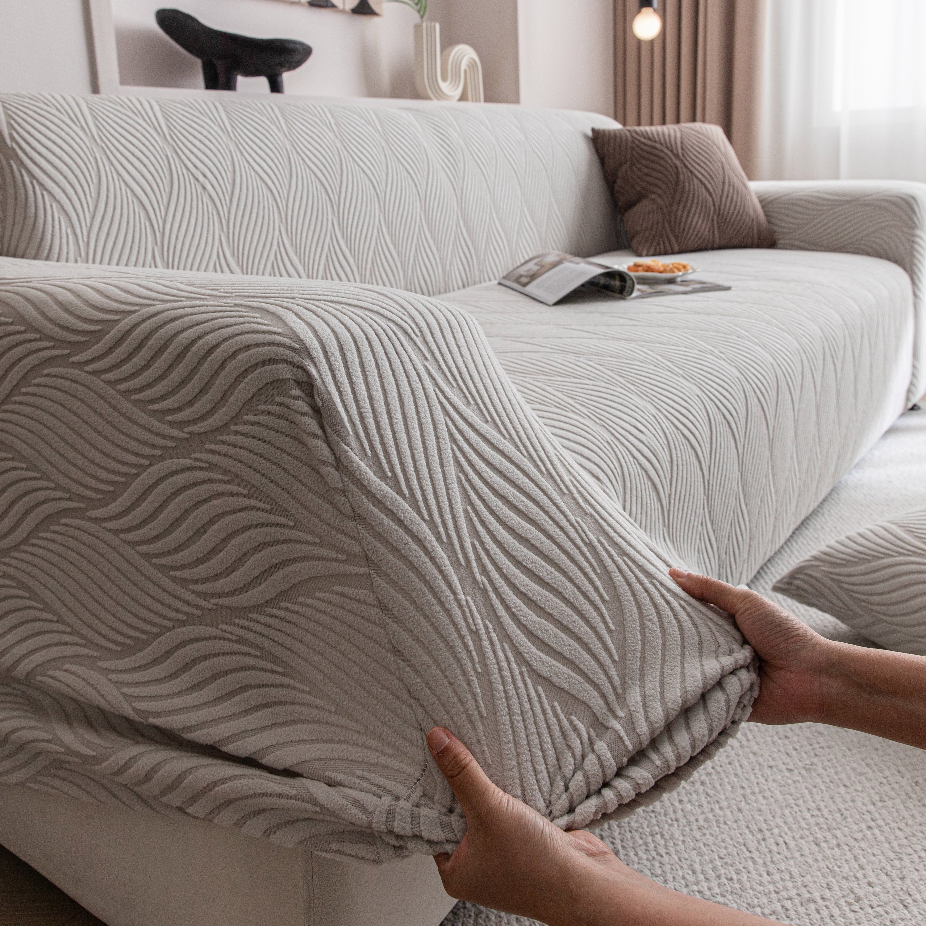 Modern Wavy Jacquard Sofa Slipcover, High Stretch Sofa Cover with 3D Organic Texture
