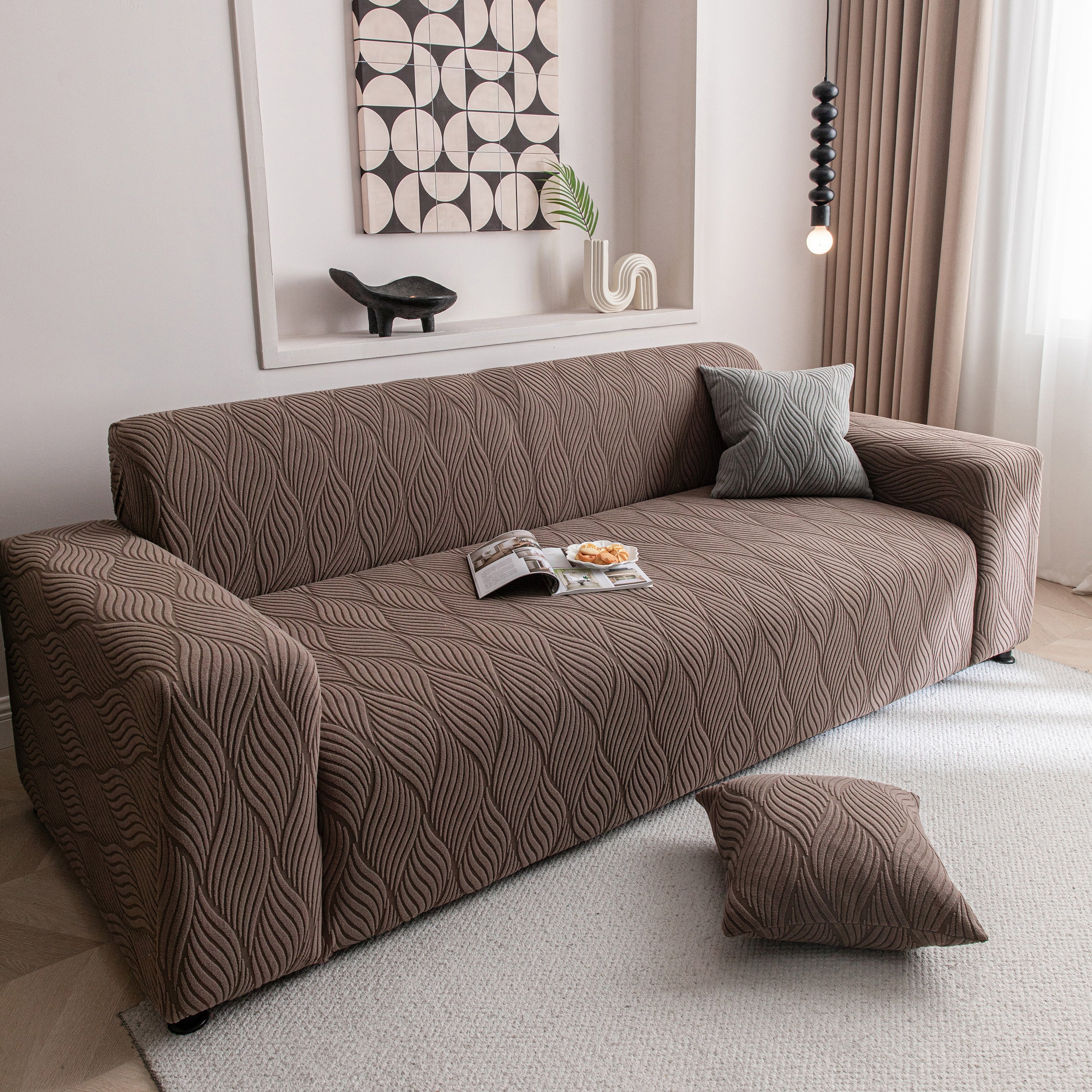 Modern Wavy Jacquard Sofa Slipcover, High Stretch Sofa Cover with 3D Organic Texture