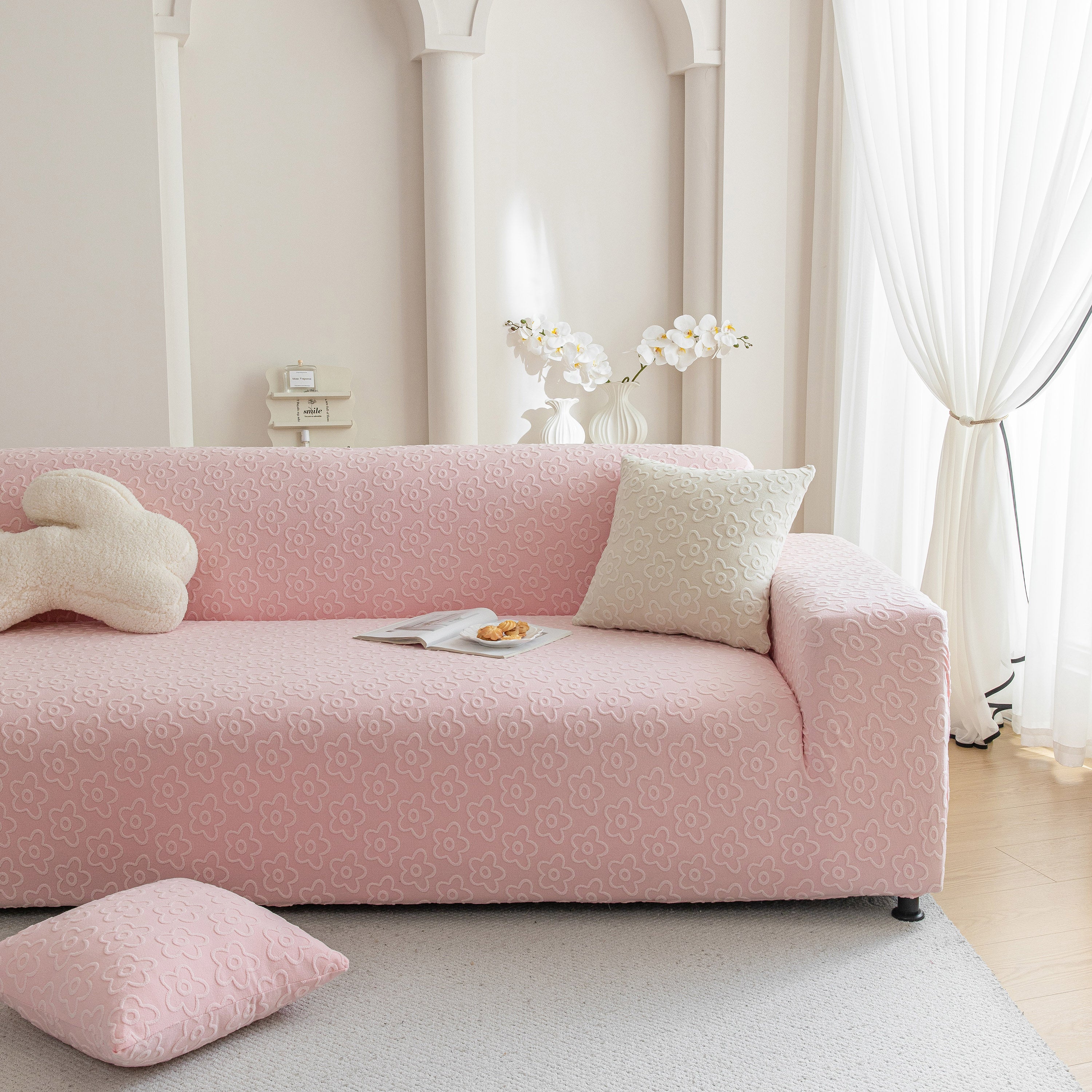 High Stretch Jacquard Sofa Slipcover, Soft Spandex Textured Floral Couch Cover