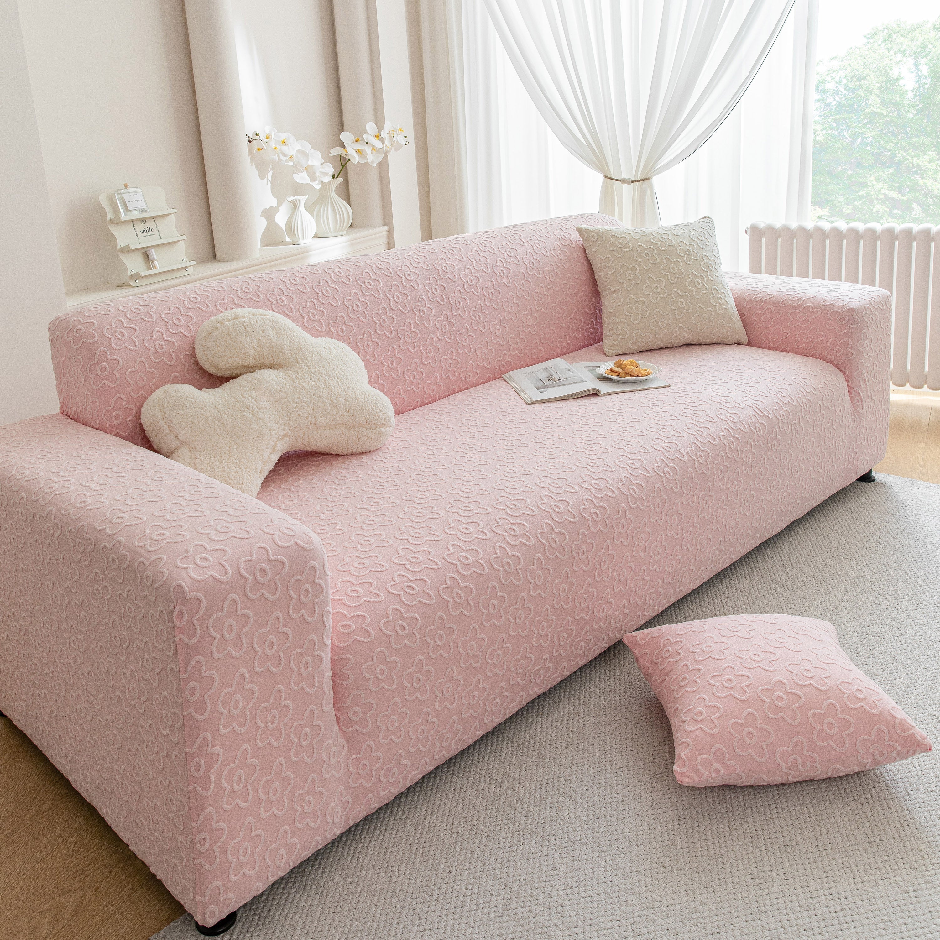 High Stretch Jacquard Sofa Slipcover, Soft Spandex Textured Floral Couch Cover