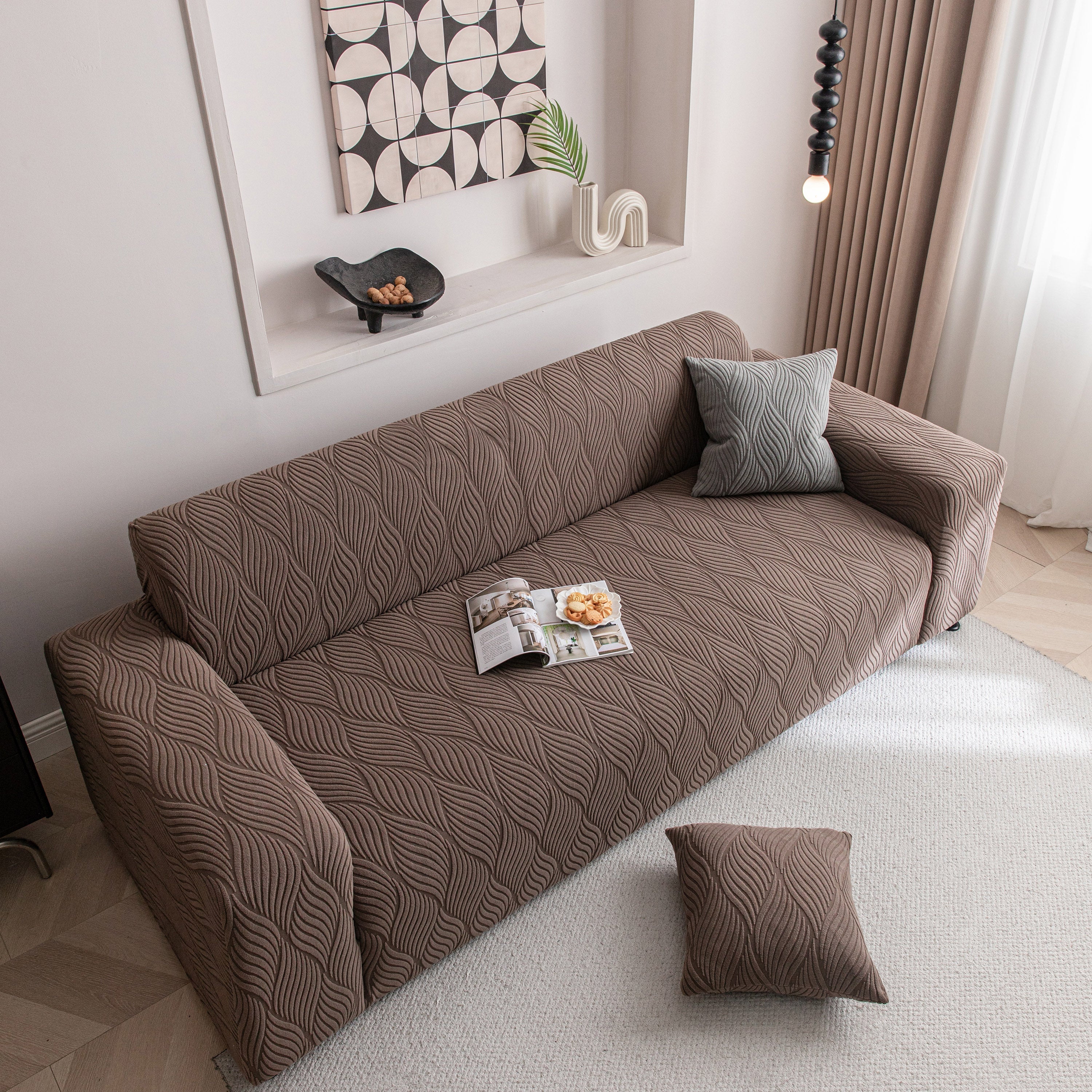 Modern Wavy Jacquard Sofa Slipcover, High Stretch Sofa Cover with 3D Organic Texture