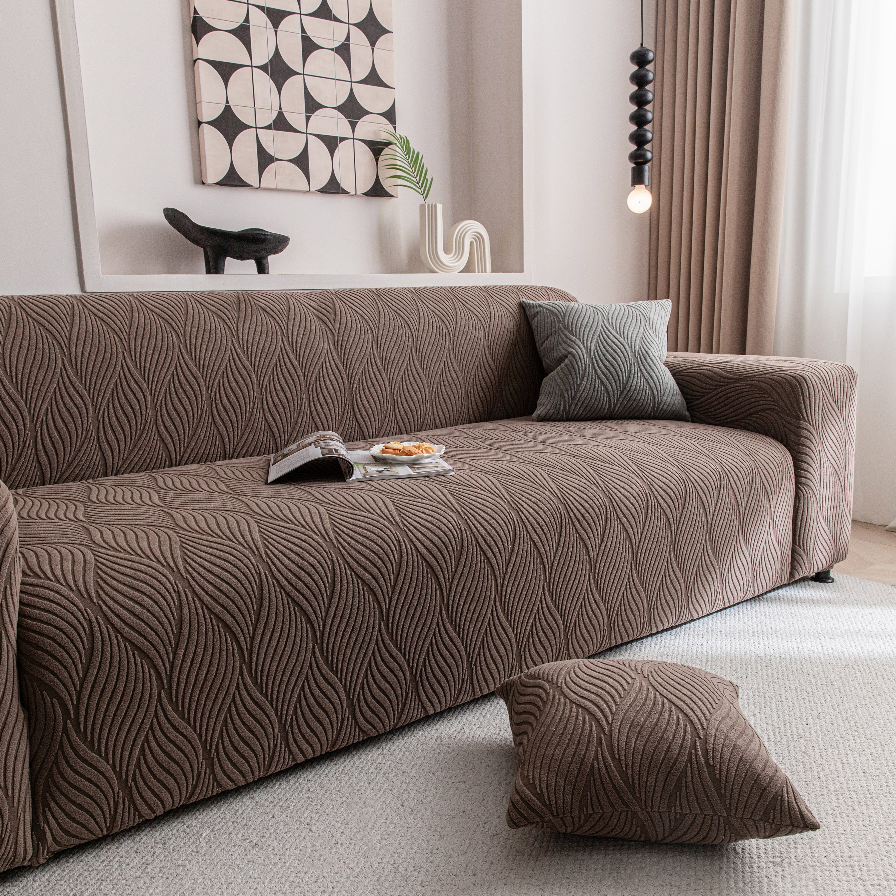 Modern Wavy Jacquard Sofa Slipcover, High Stretch Sofa Cover with 3D Organic Texture