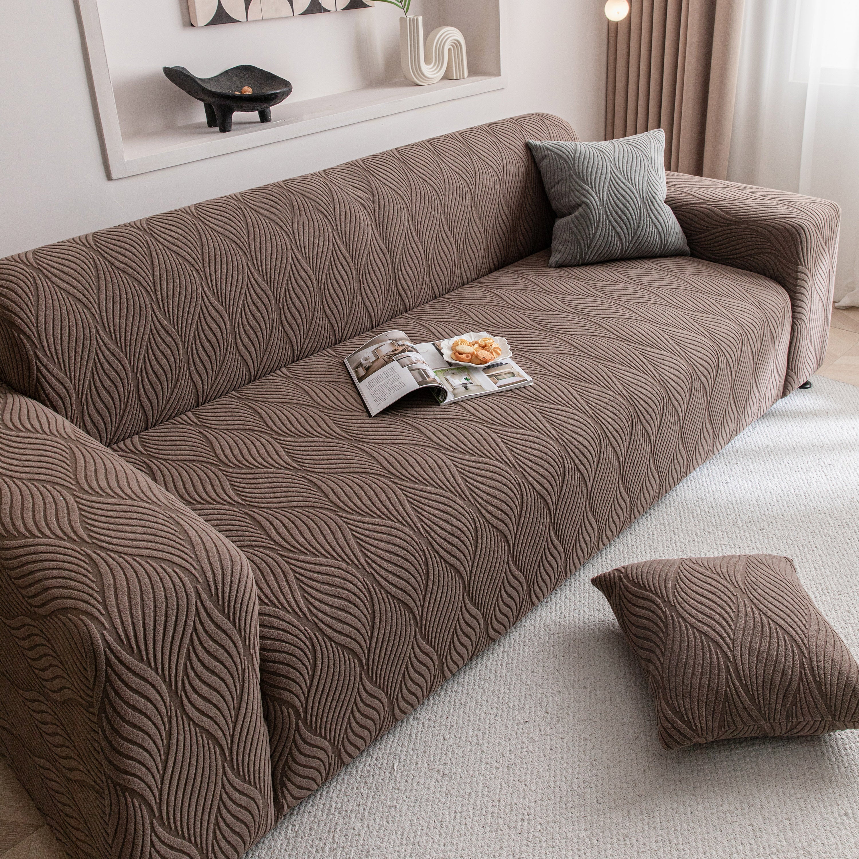 Modern Wavy Jacquard Sofa Slipcover, High Stretch Sofa Cover with 3D Organic Texture