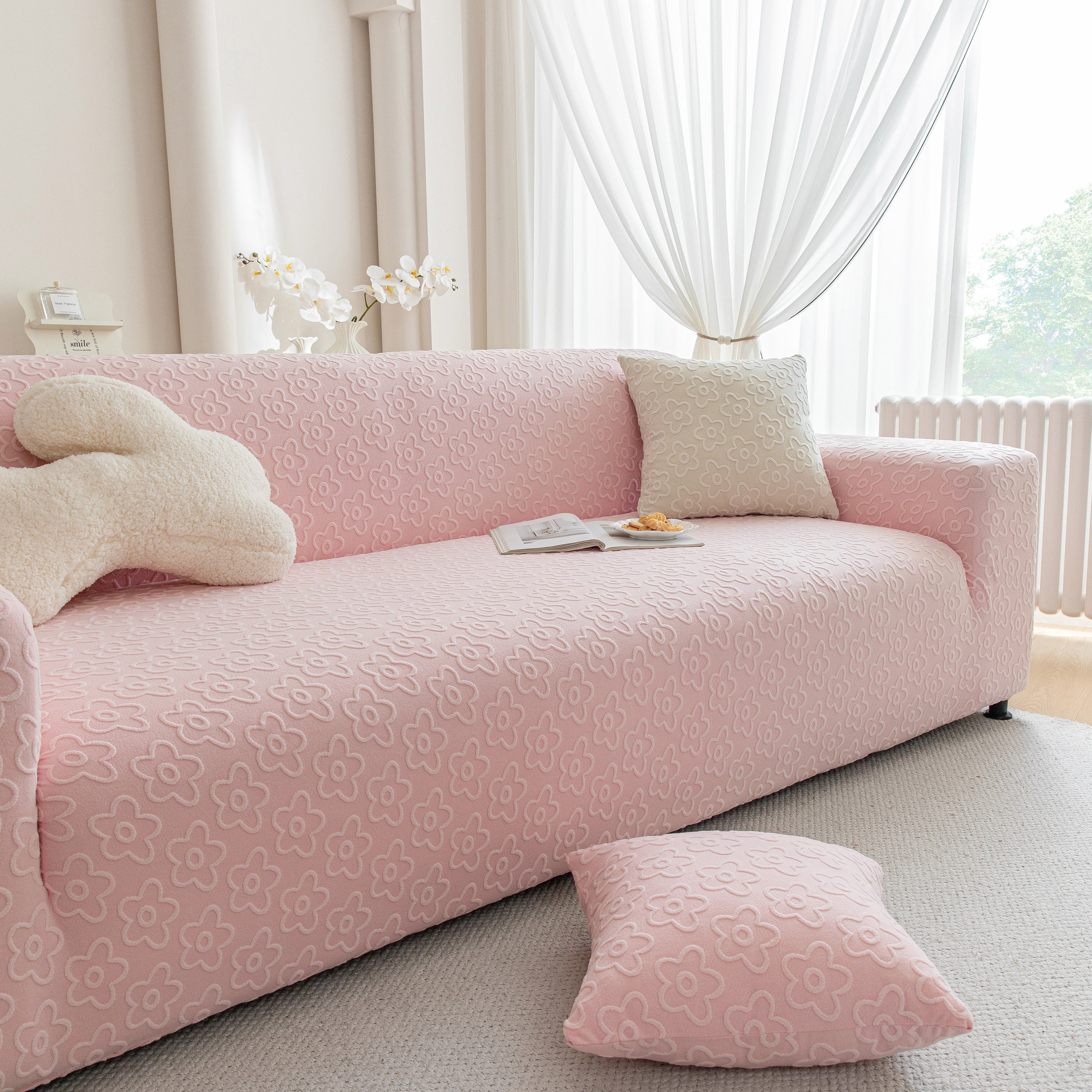 High Stretch Jacquard Sofa Slipcover, Soft Spandex Textured Floral Couch Cover