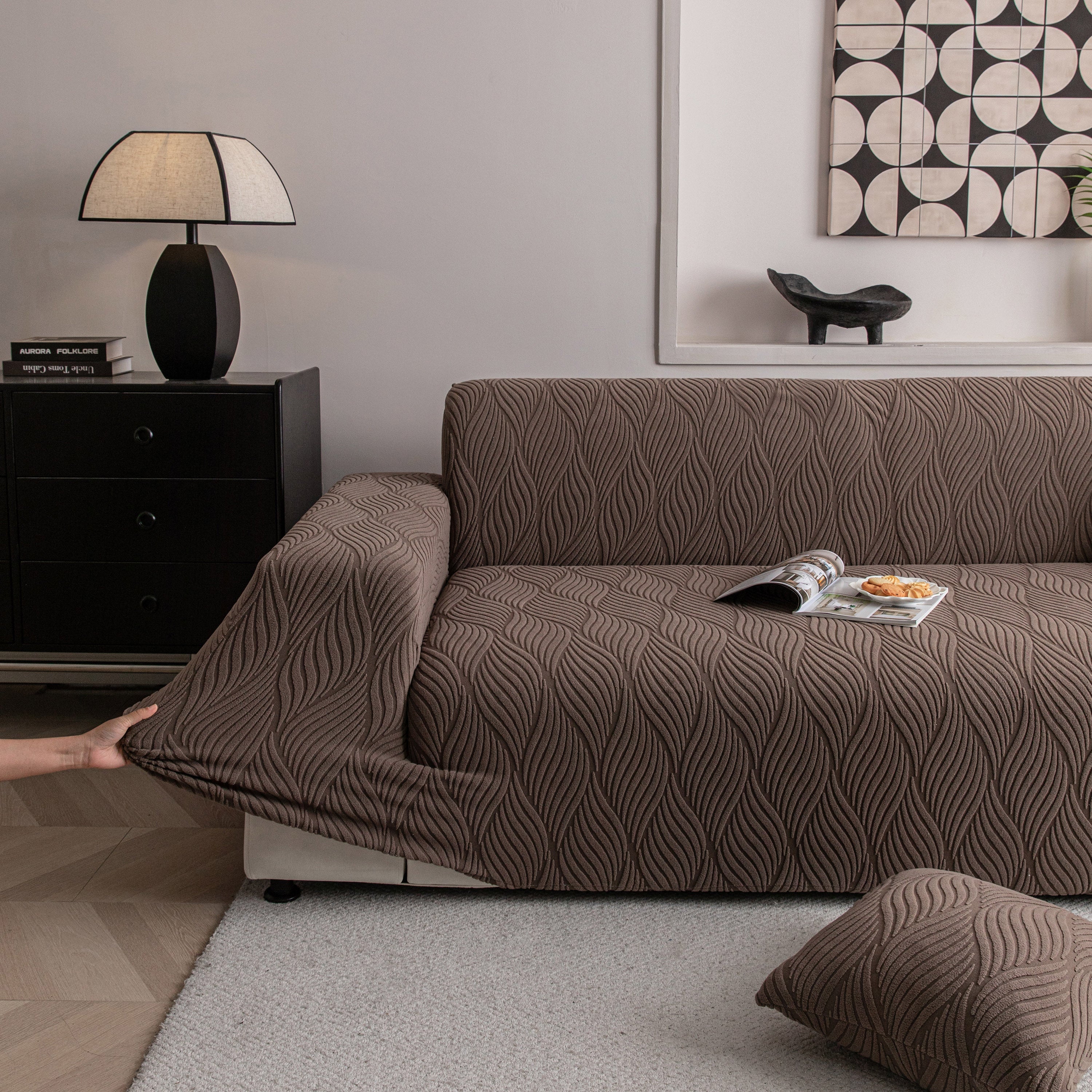 Modern Wavy Jacquard Sofa Slipcover, High Stretch Sofa Cover with 3D Organic Texture