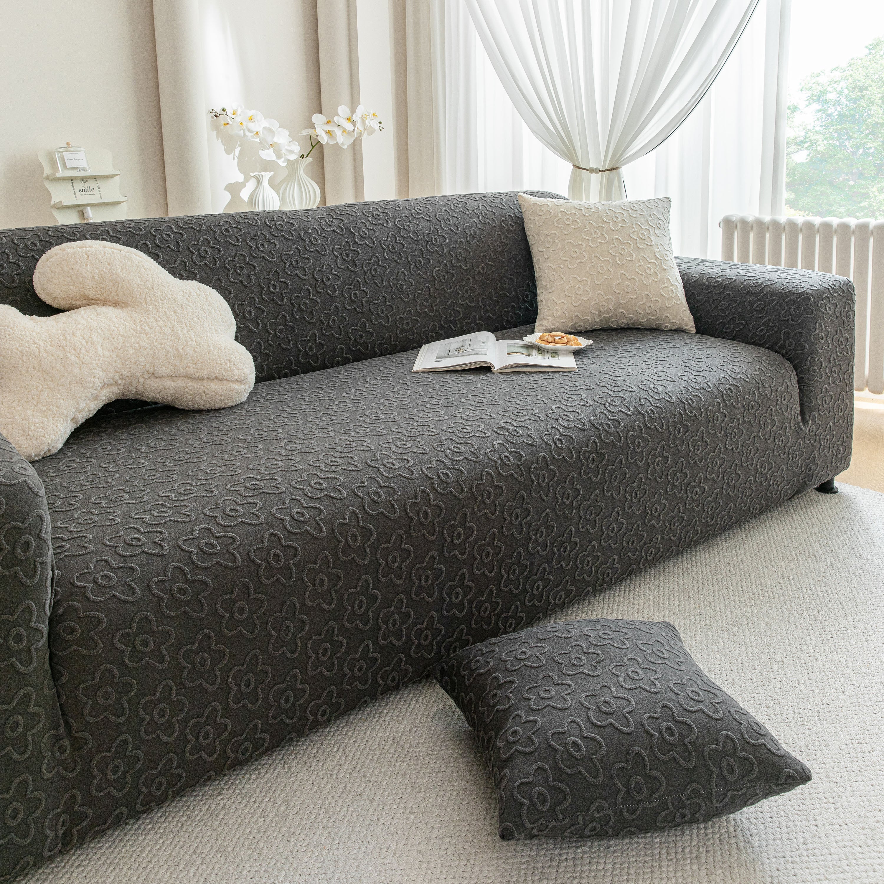 High Stretch Jacquard Sofa Slipcover, Soft Spandex Textured Floral Couch Cover