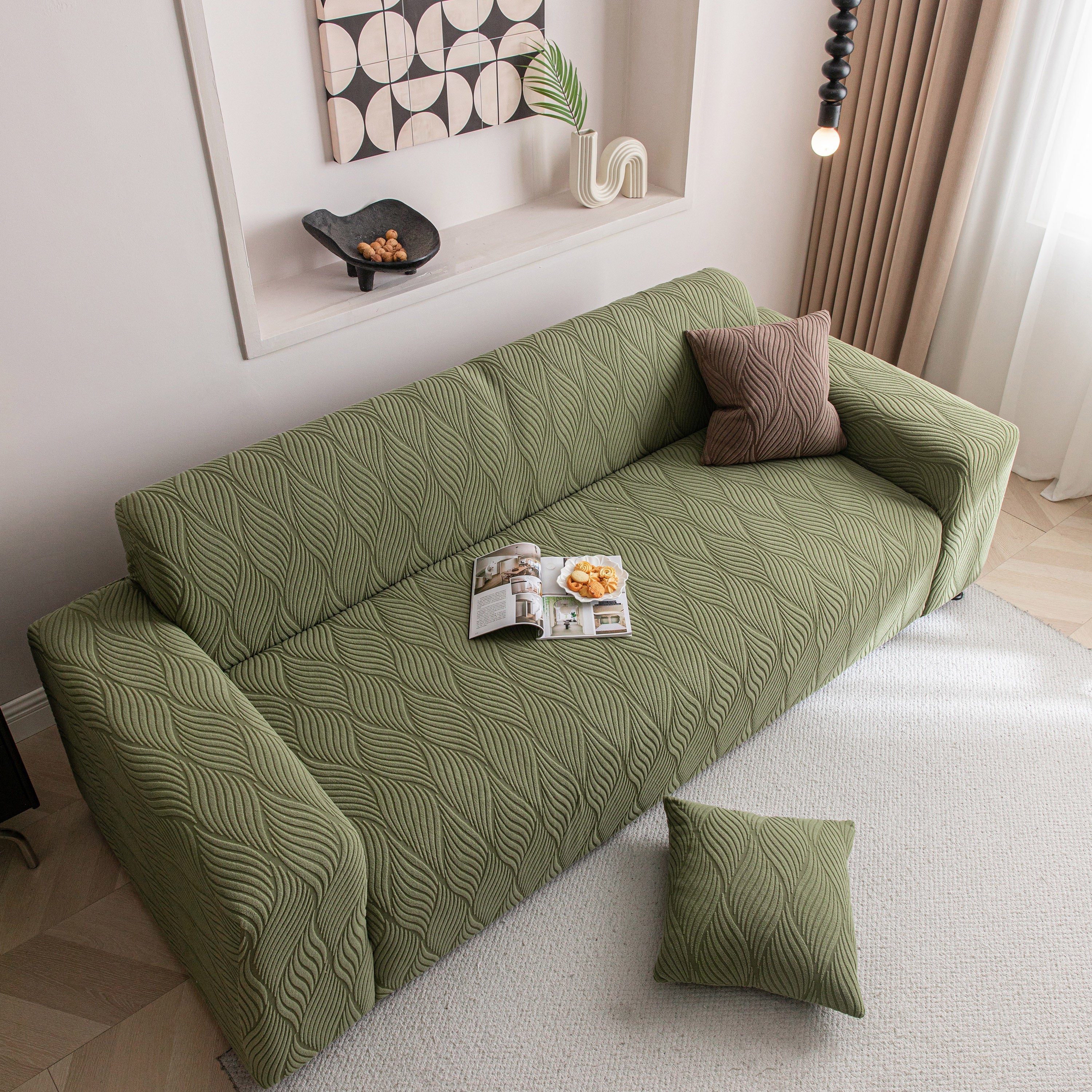 Modern Wavy Jacquard Sofa Slipcover, High Stretch Sofa Cover with 3D Organic Texture