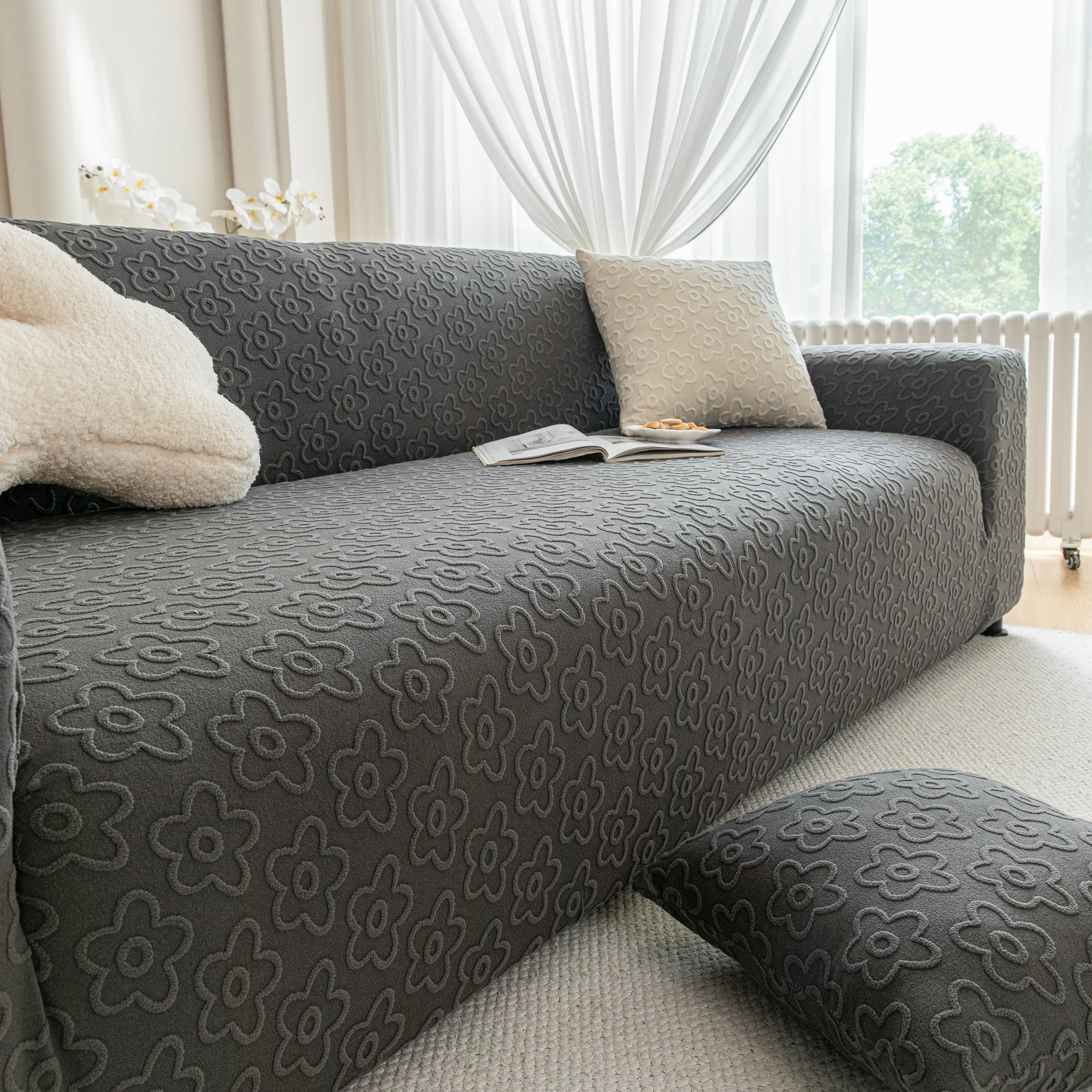 High Stretch Jacquard Sofa Slipcover, Soft Spandex Textured Floral Couch Cover