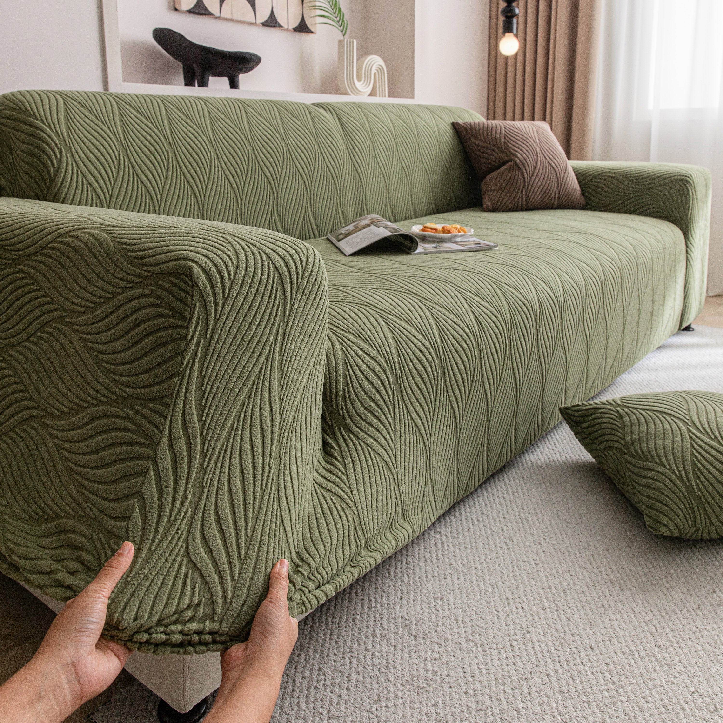 Modern Wavy Jacquard Sofa Slipcover, High Stretch Sofa Cover with 3D Organic Texture
