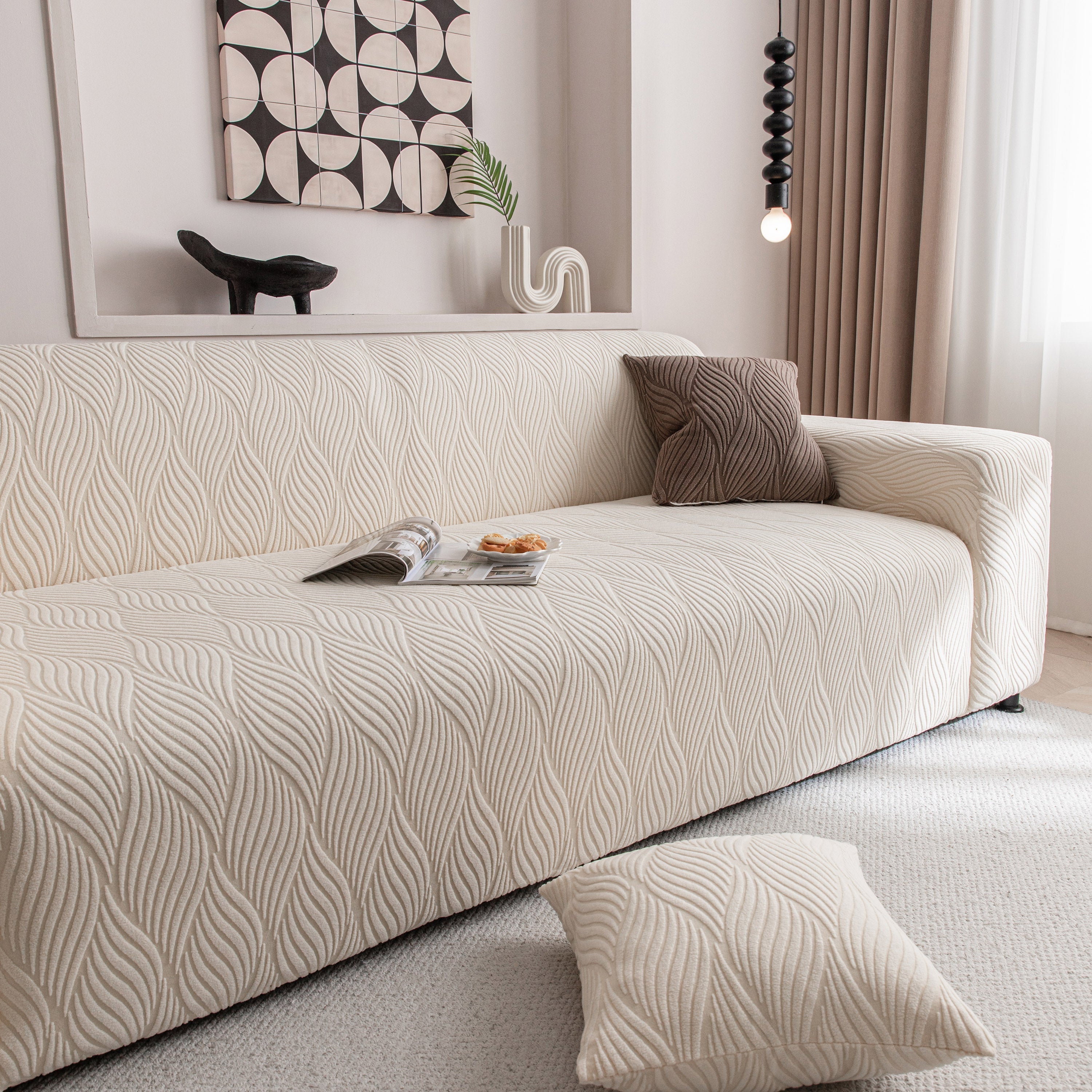 Modern Wavy Jacquard Sofa Slipcover, High Stretch Sofa Cover with 3D Organic Texture