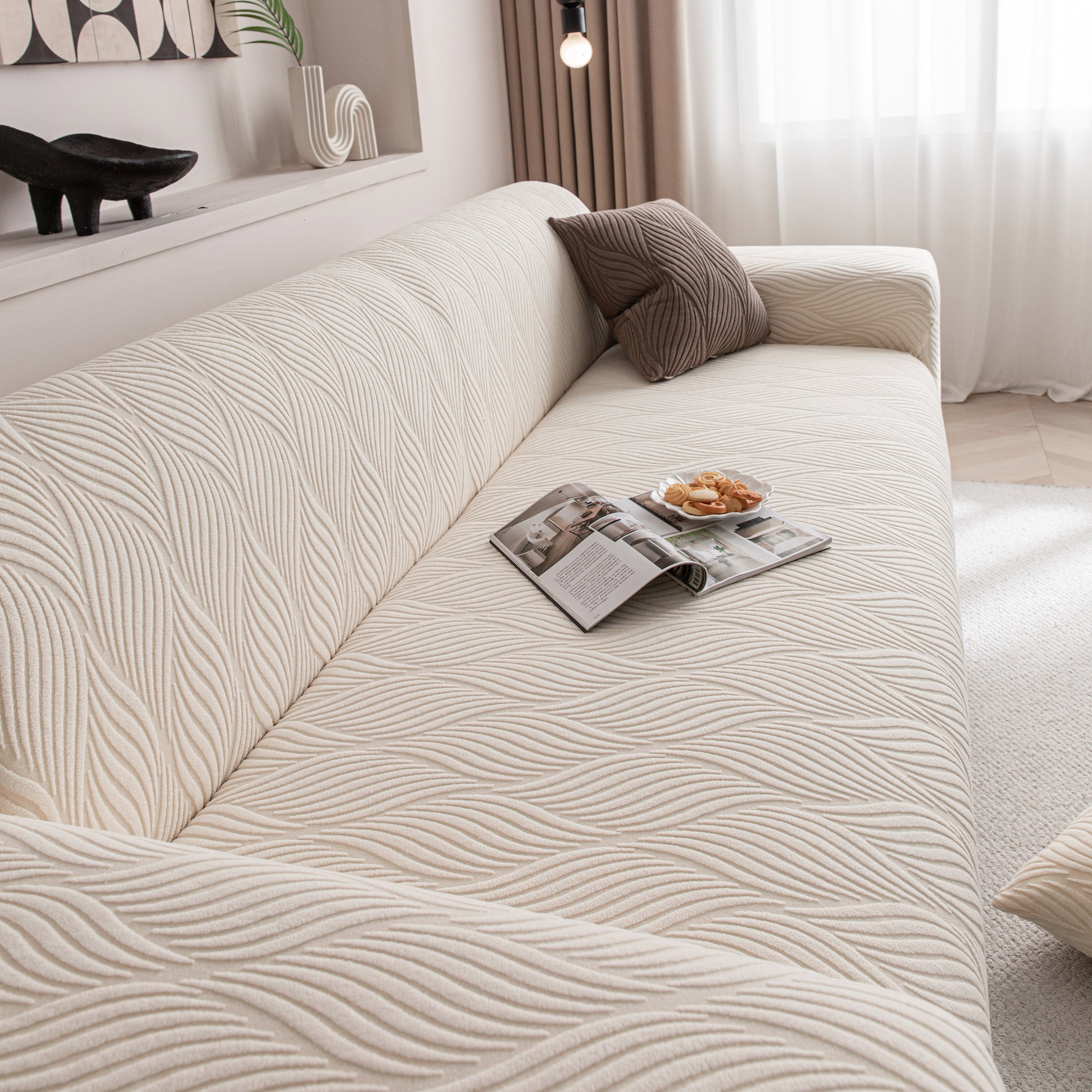 Modern Wavy Jacquard Sofa Slipcover, High Stretch Sofa Cover with 3D Organic Texture
