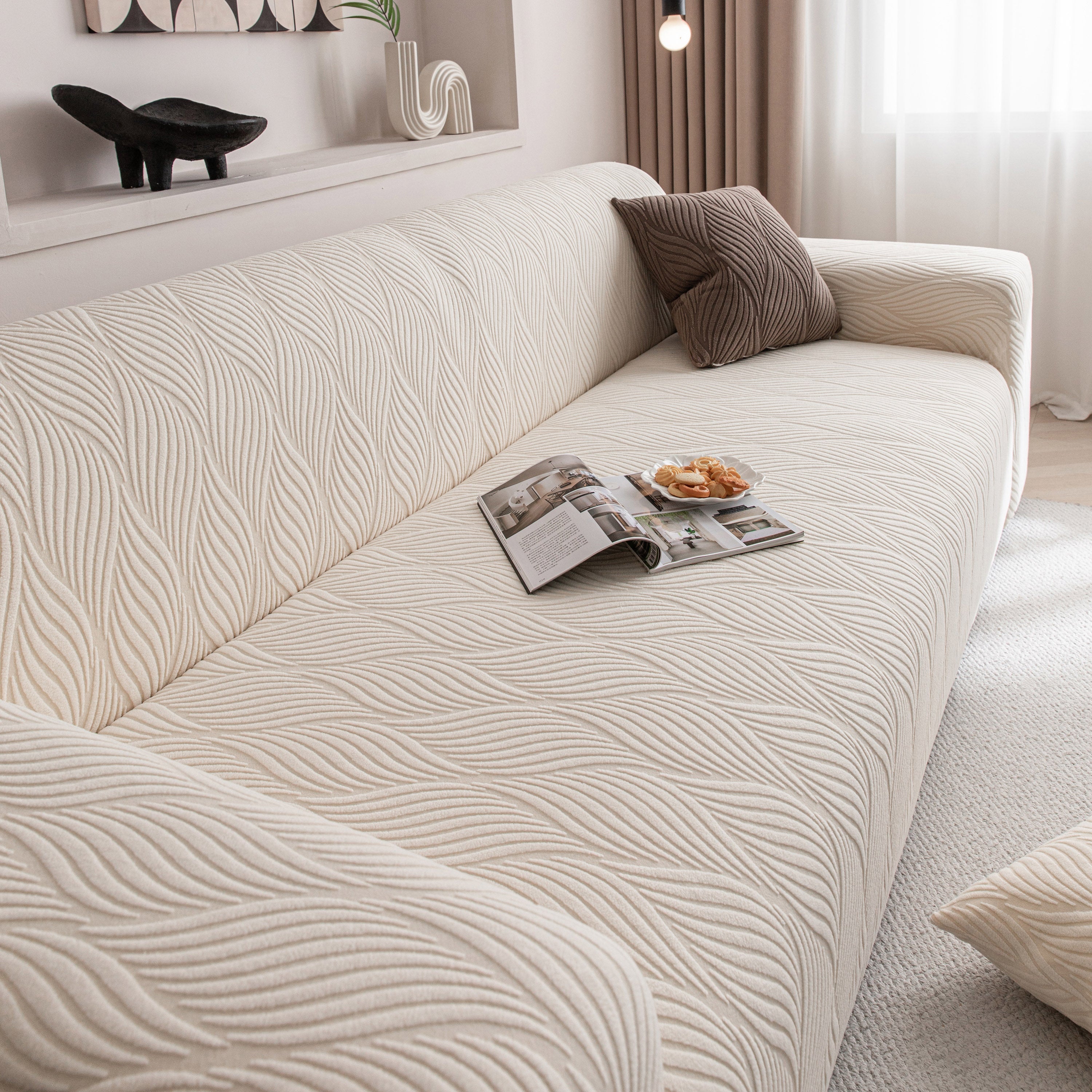 Modern Wavy Jacquard Sofa Slipcover, High Stretch Sofa Cover with 3D Organic Texture