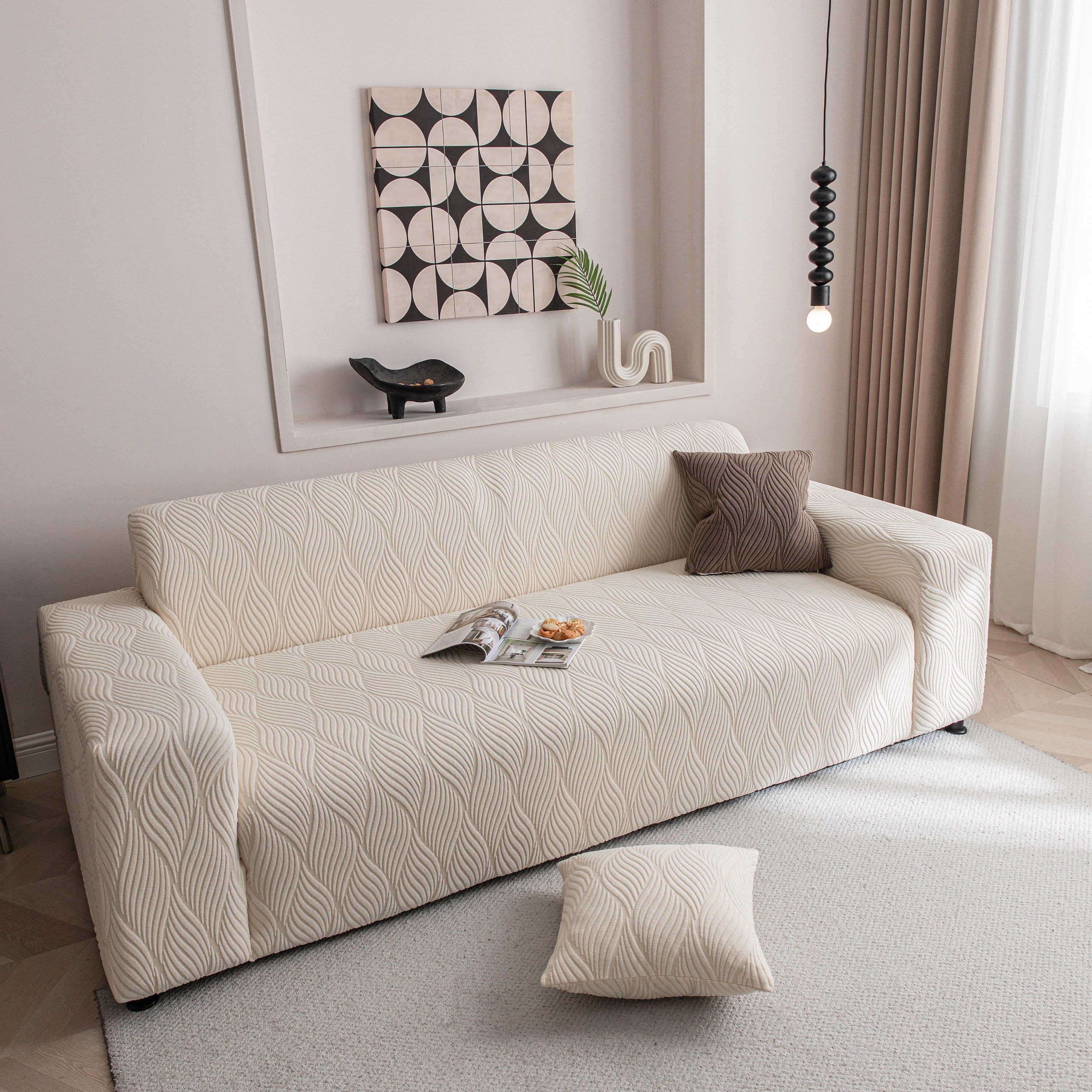 Modern Wavy Jacquard Sofa Slipcover, High Stretch Sofa Cover with 3D Organic Texture