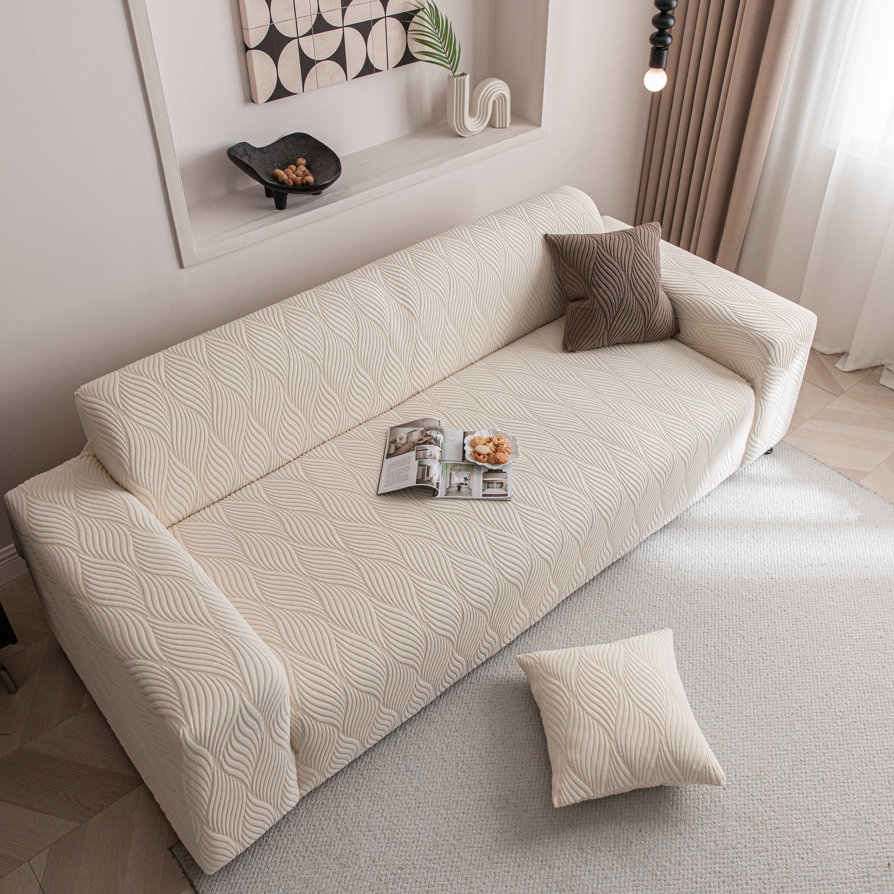 Modern Wavy Jacquard Sofa Slipcover, High Stretch Sofa Cover with 3D Organic Texture