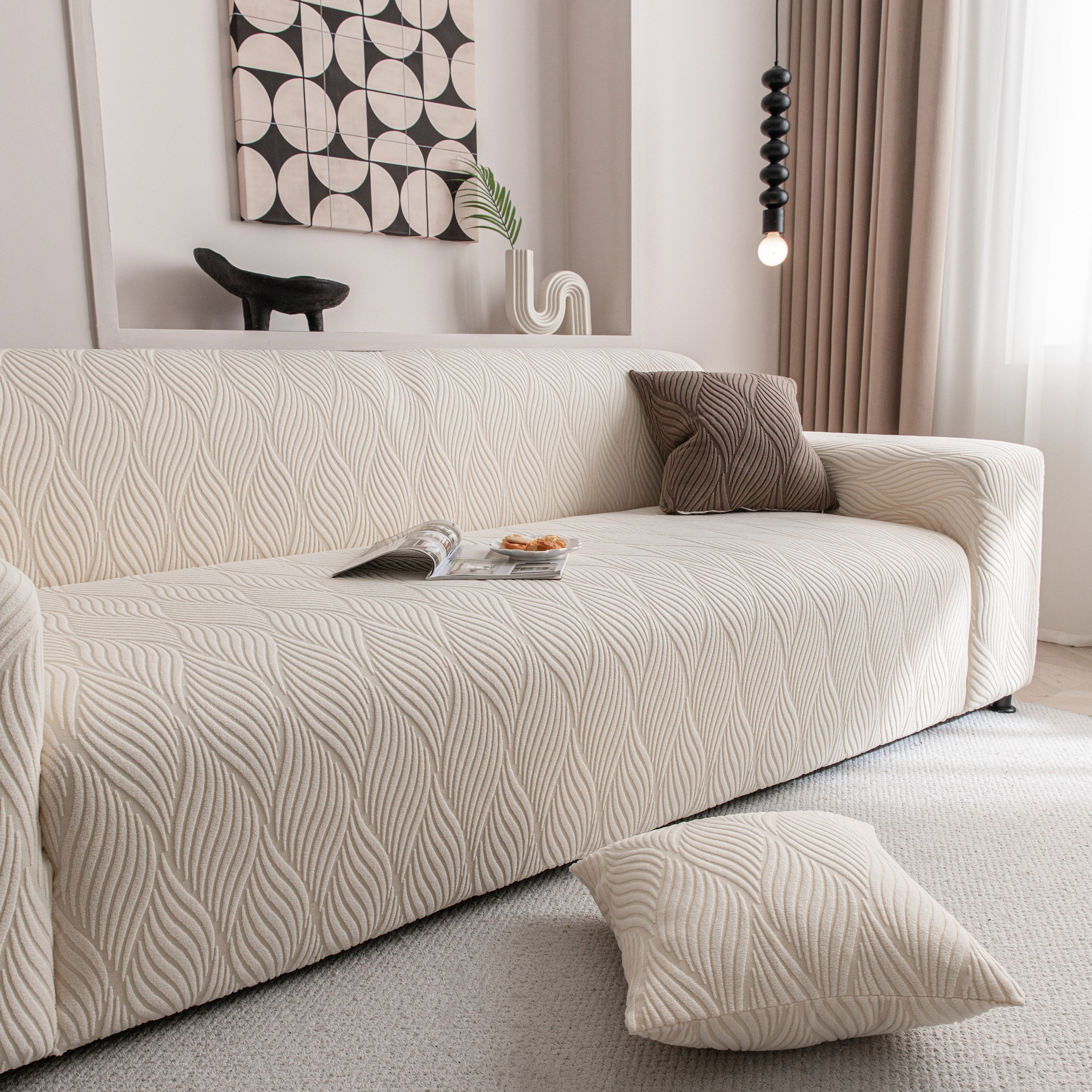 Modern Wavy Jacquard Sofa Slipcover, High Stretch Sofa Cover with 3D Organic Texture
