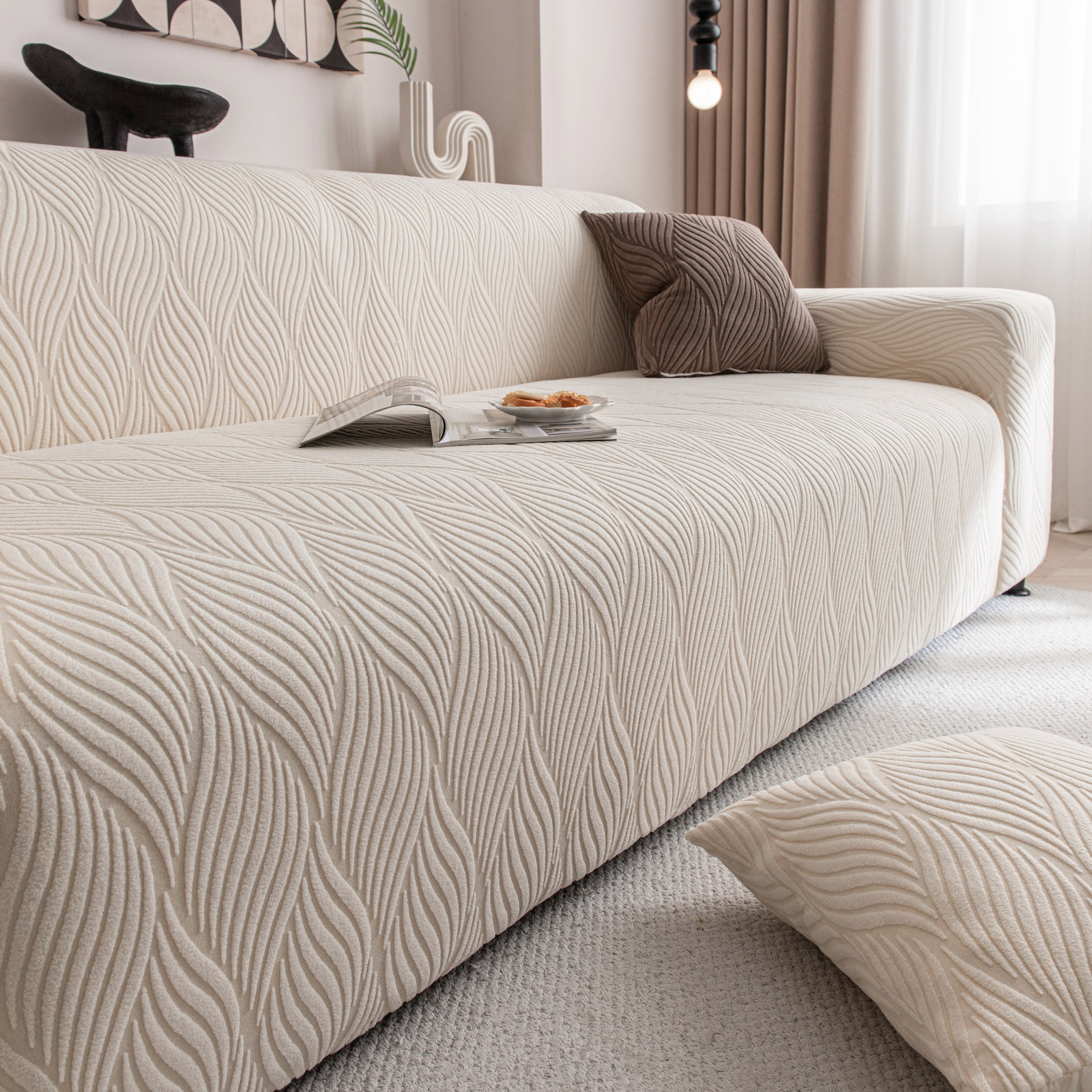 Modern Wavy Jacquard Sofa Slipcover, High Stretch Sofa Cover with 3D Organic Texture