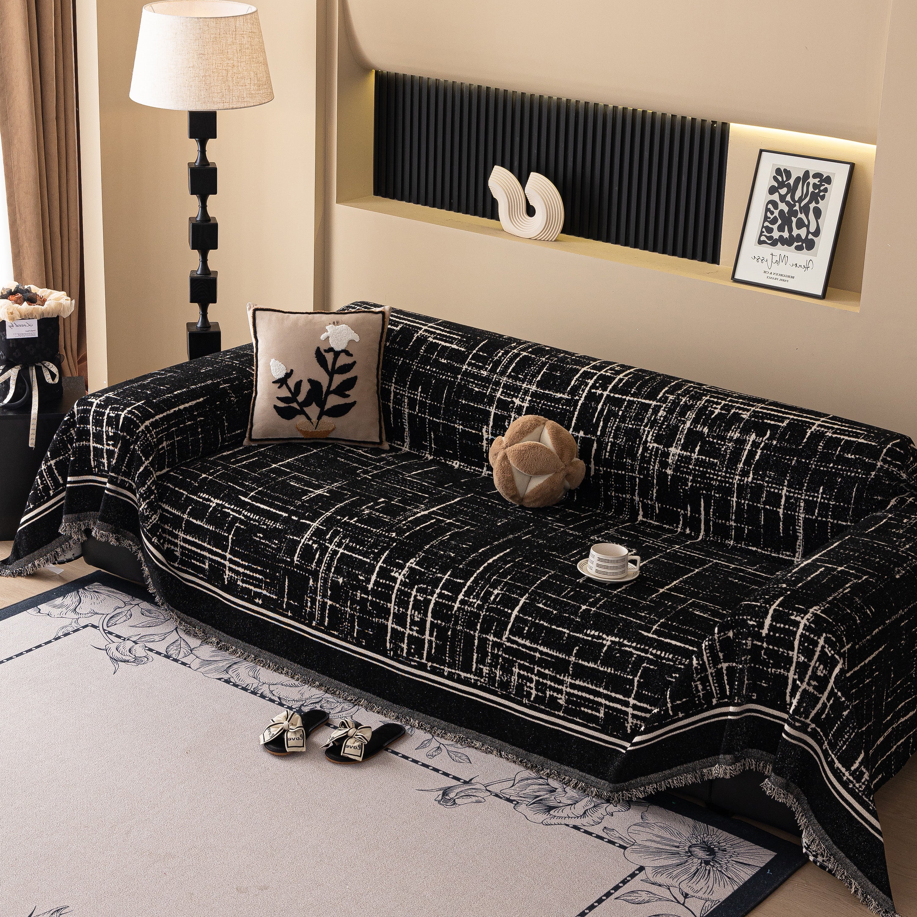 Modern Couch Protector Blanket Woven Chenille Sofa Cover Throw with Artistic Grid