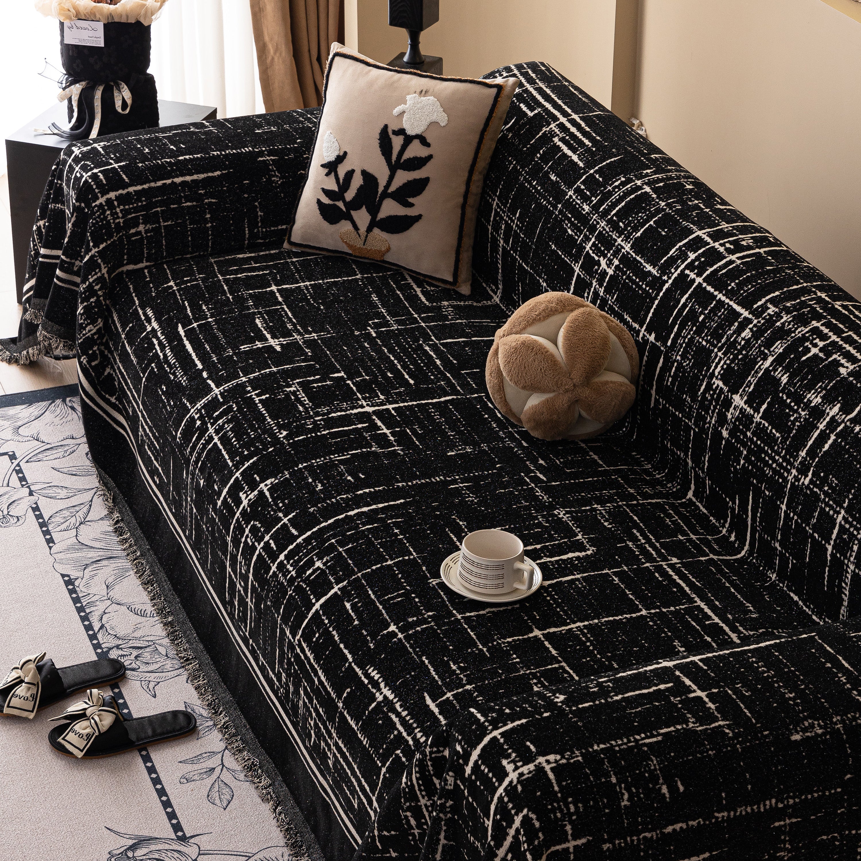 Modern Couch Protector Blanket Woven Chenille Sofa Cover Throw with Artistic Grid