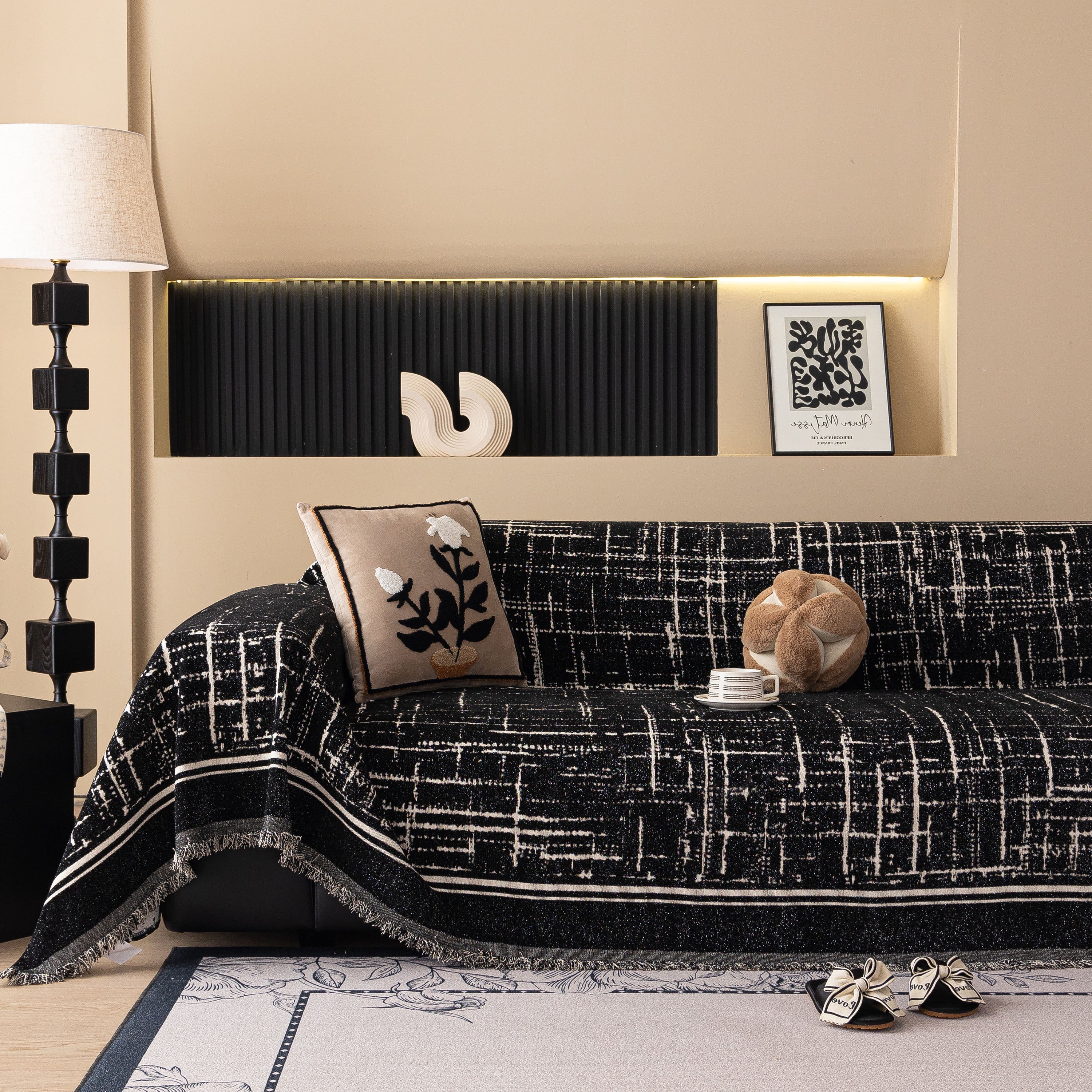 Modern Couch Protector Blanket Woven Chenille Sofa Cover Throw with Artistic Grid