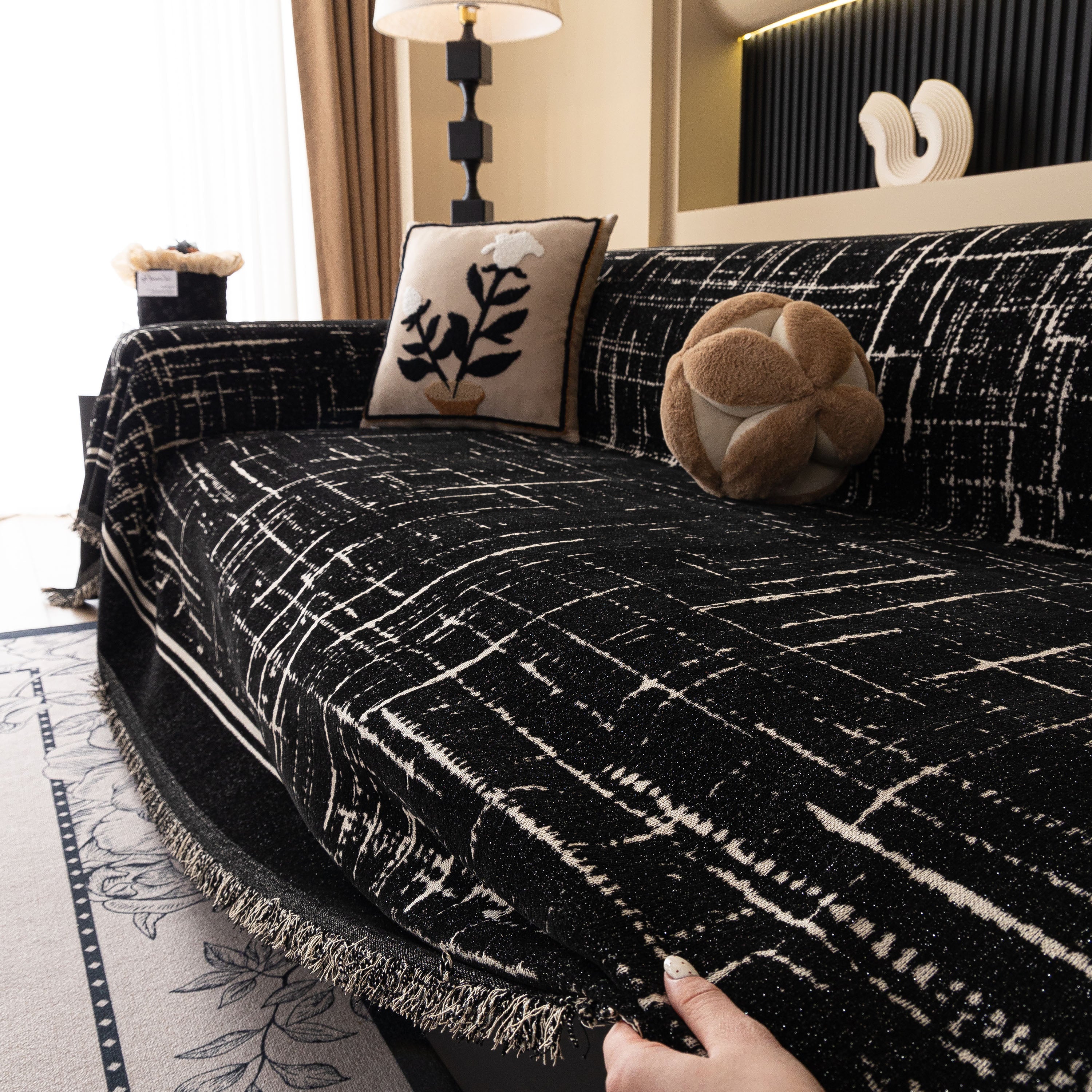 Modern Couch Protector Blanket Woven Chenille Sofa Cover Throw with Artistic Grid