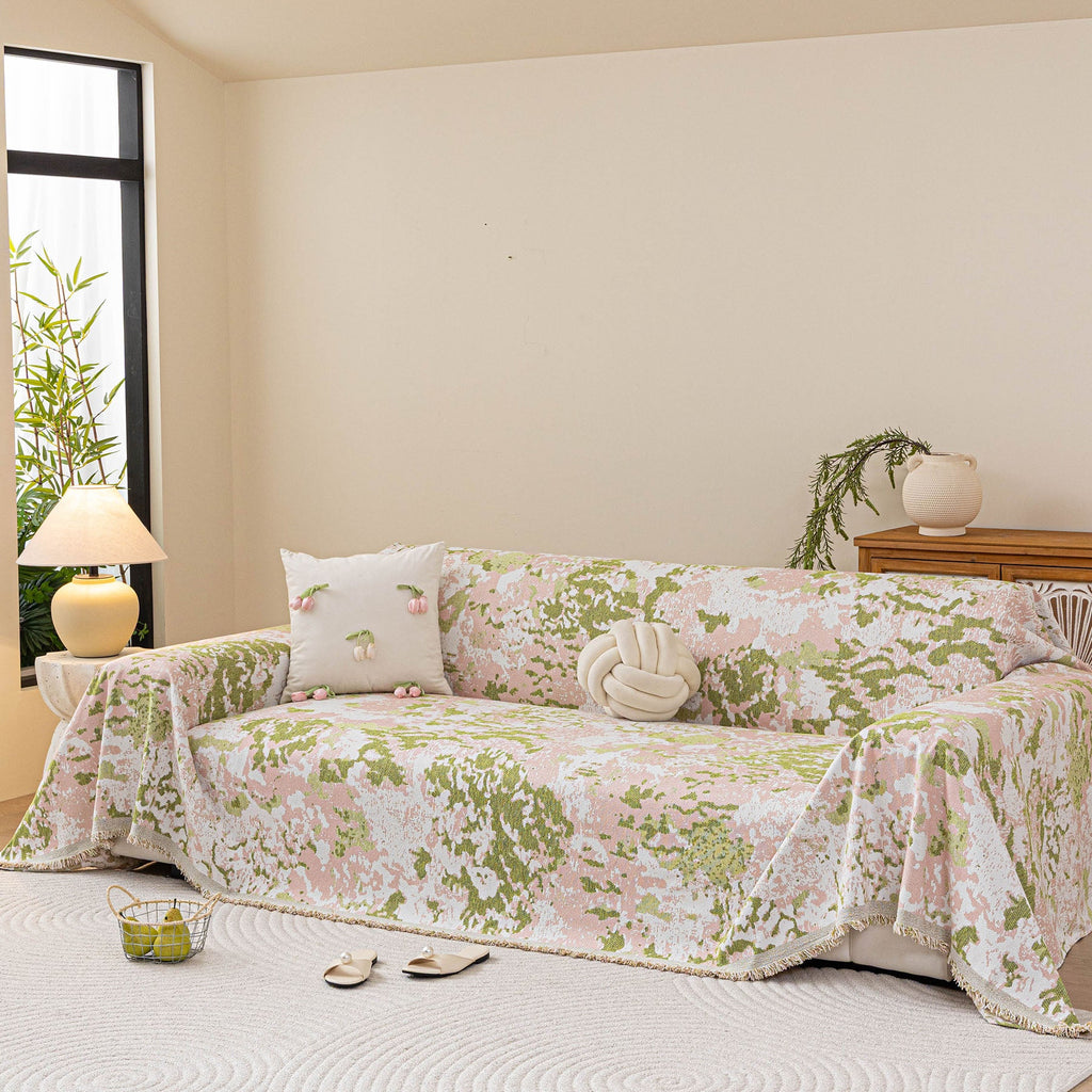 Chenille Throw Blanket Sofa Cover, Abstract Watercolor Couch Cover with Tassel Fringe